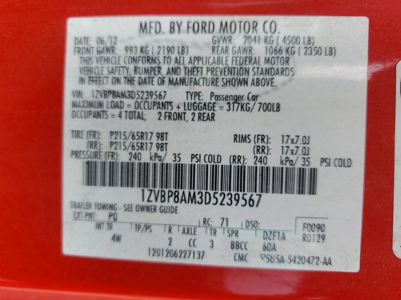 2013 Ford Mustang Red vin: 1ZVBP8AM3D5239567