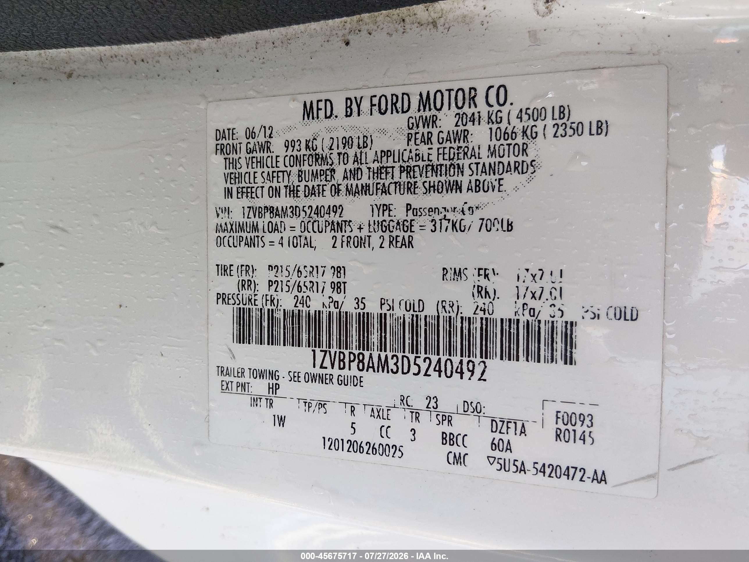 2013 Ford Mustang V6 Белый vin: 1ZVBP8AM3D5240492