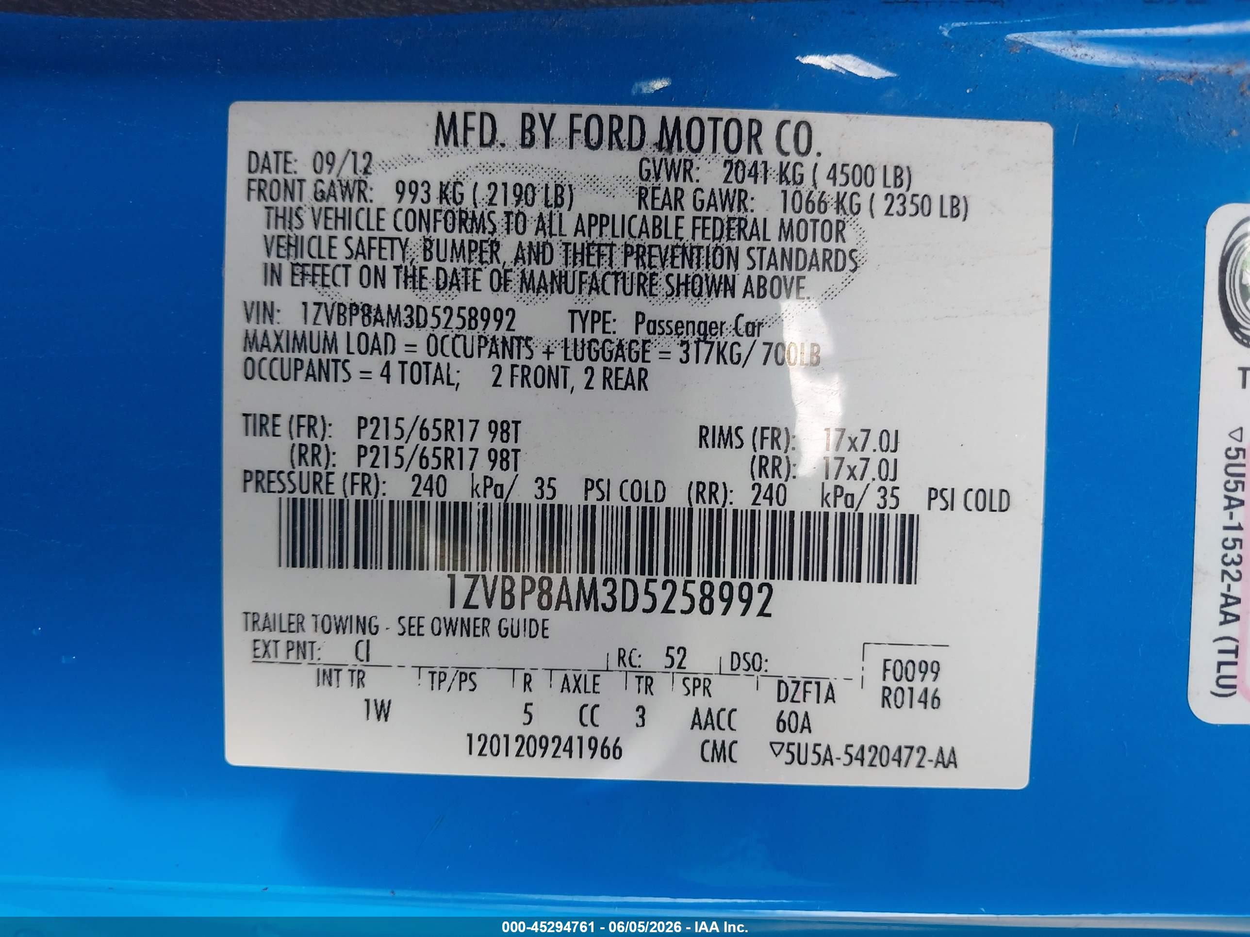 2013 Ford Mustang V6 Blue vin: 1ZVBP8AM3D5258992