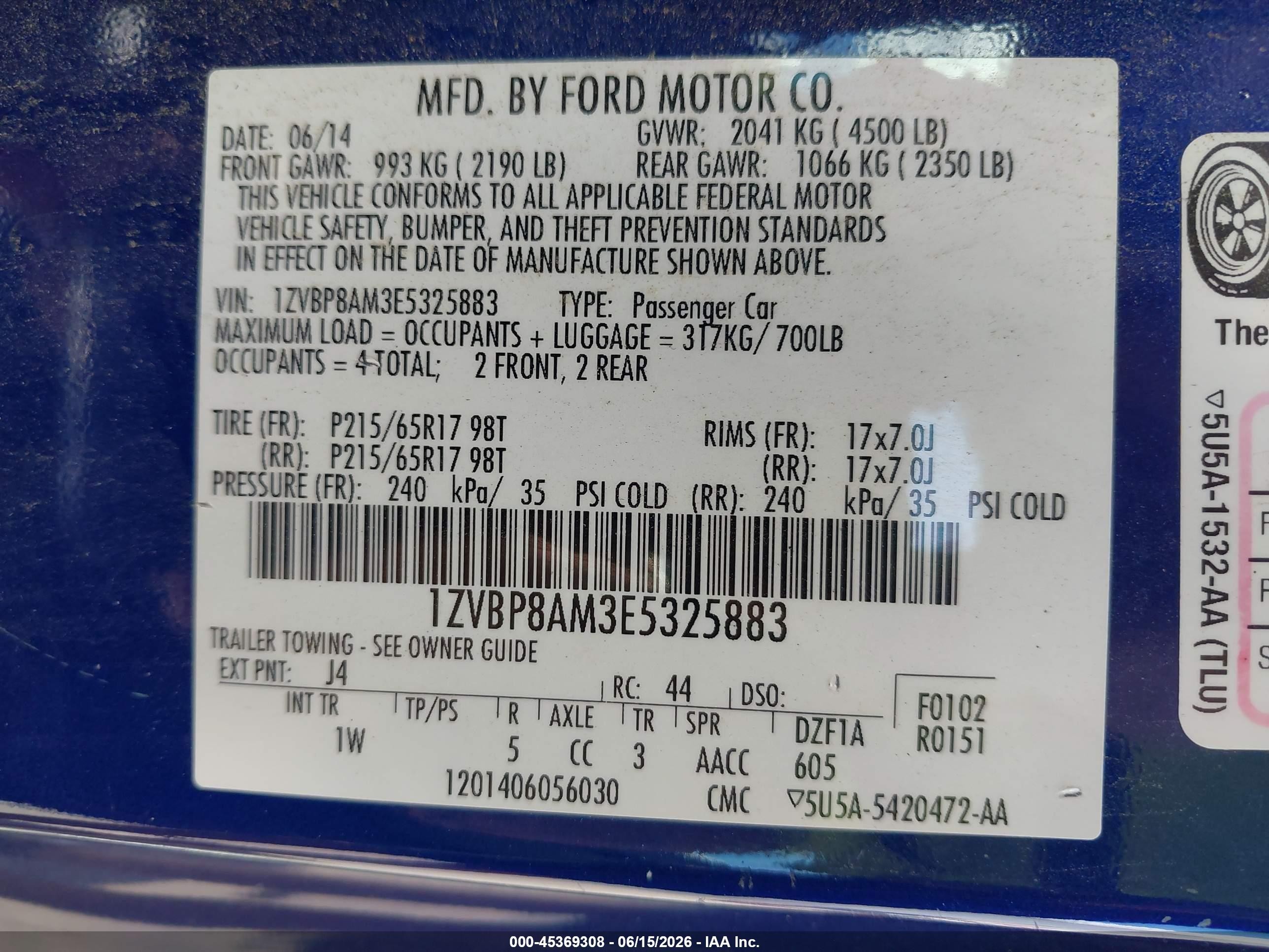 2014 Ford Mustang V6 Blue vin: 1ZVBP8AM3E5325883