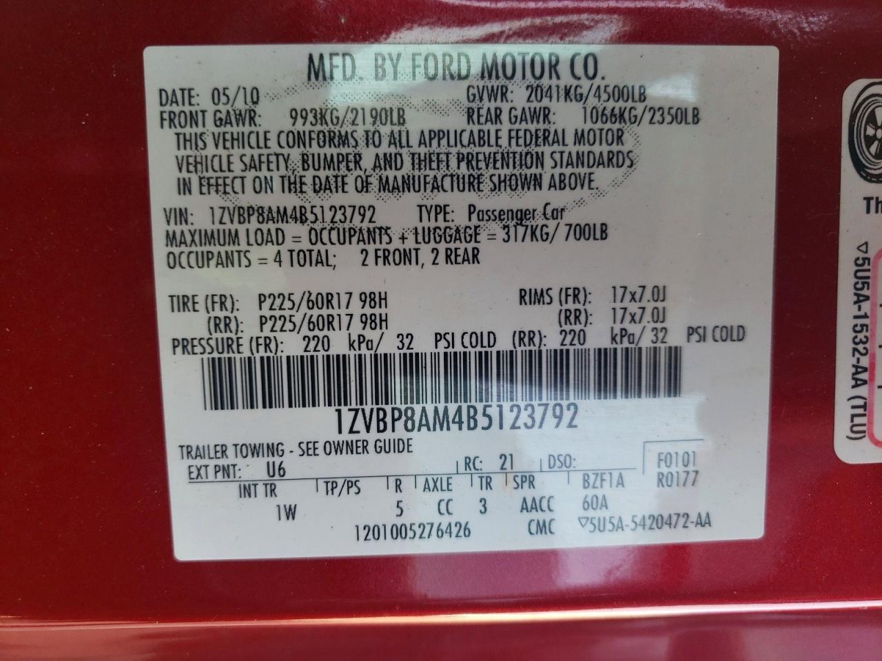 2011 Ford Mustang Base Красный vin: 1ZVBP8AM4B5123792