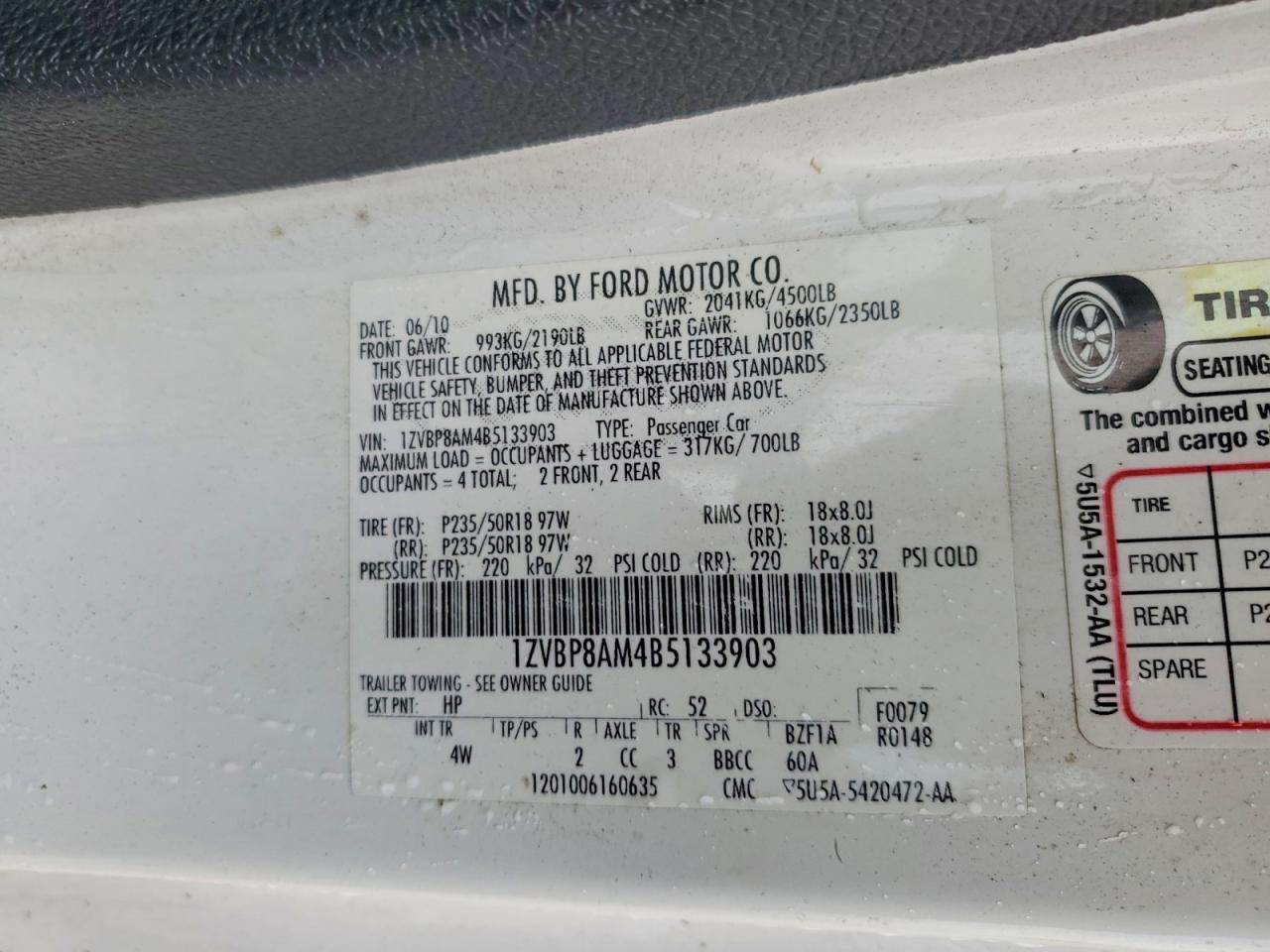 2011 Ford Mustang White vin: 1ZVBP8AM4B5133903