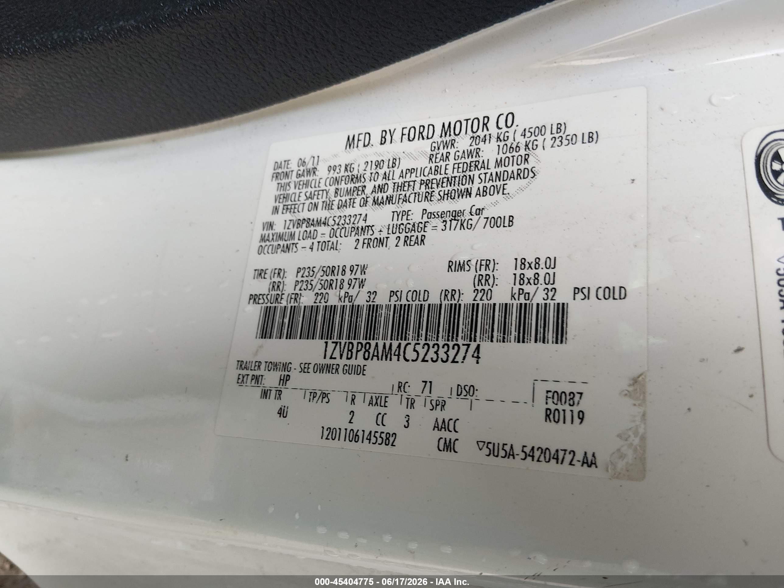 2012 Ford Mustang V6/v6 Premium White vin: 1ZVBP8AM4C5233274