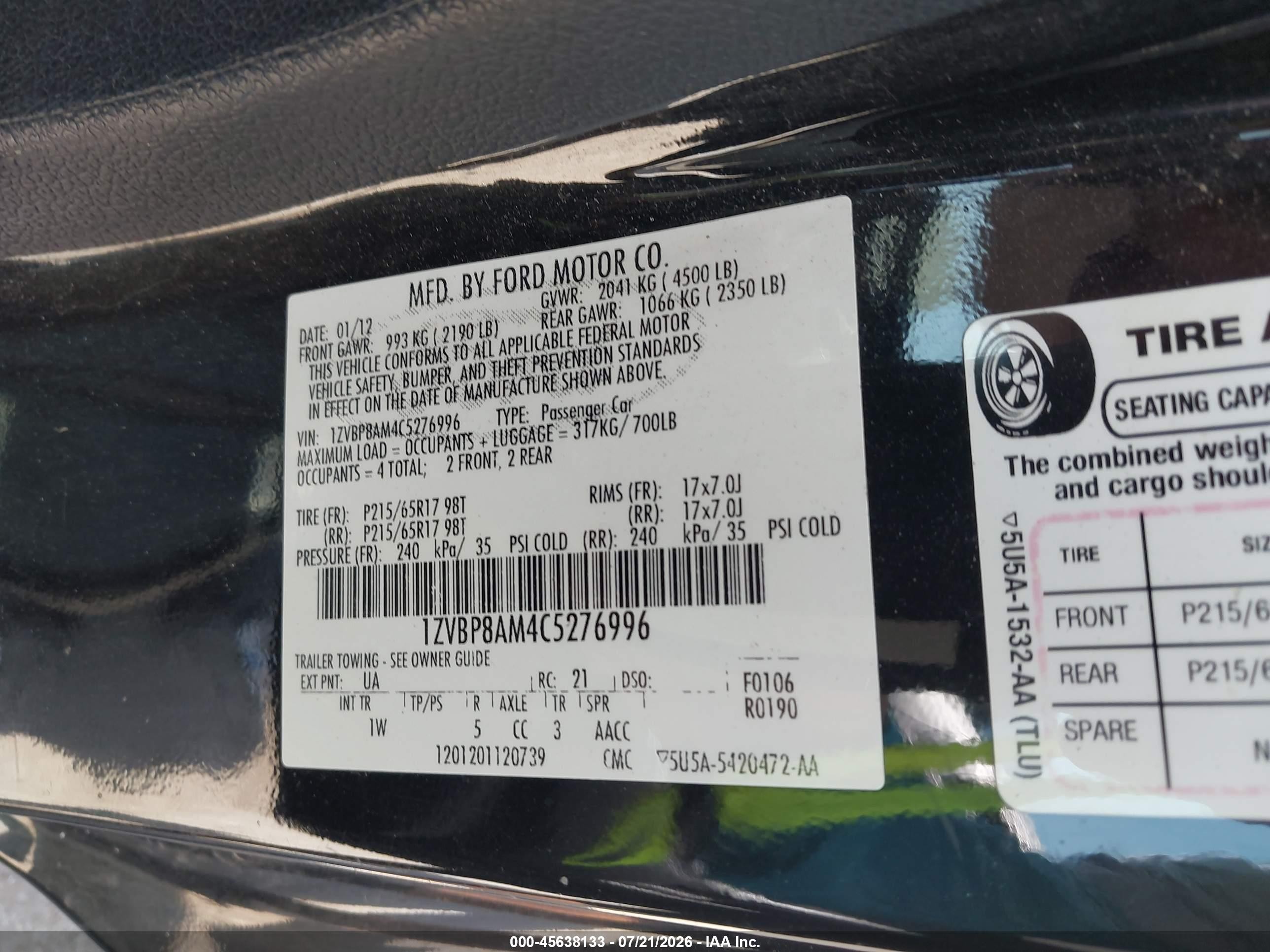 2012 Ford Mustang V6 Black vin: 1ZVBP8AM4C5276996
