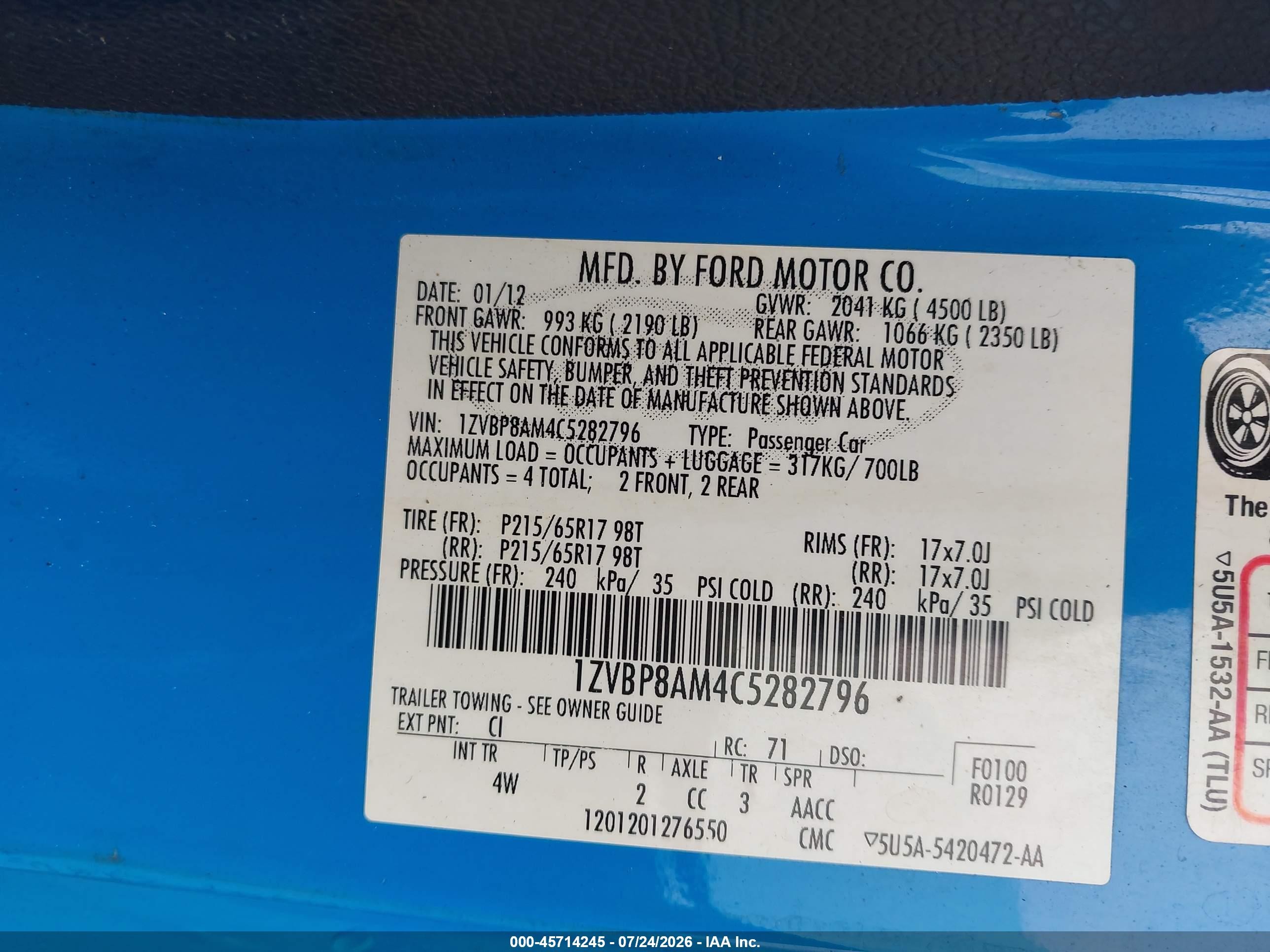 2012 Ford Mustang V6 Premium Blue vin: 1ZVBP8AM4C5282796