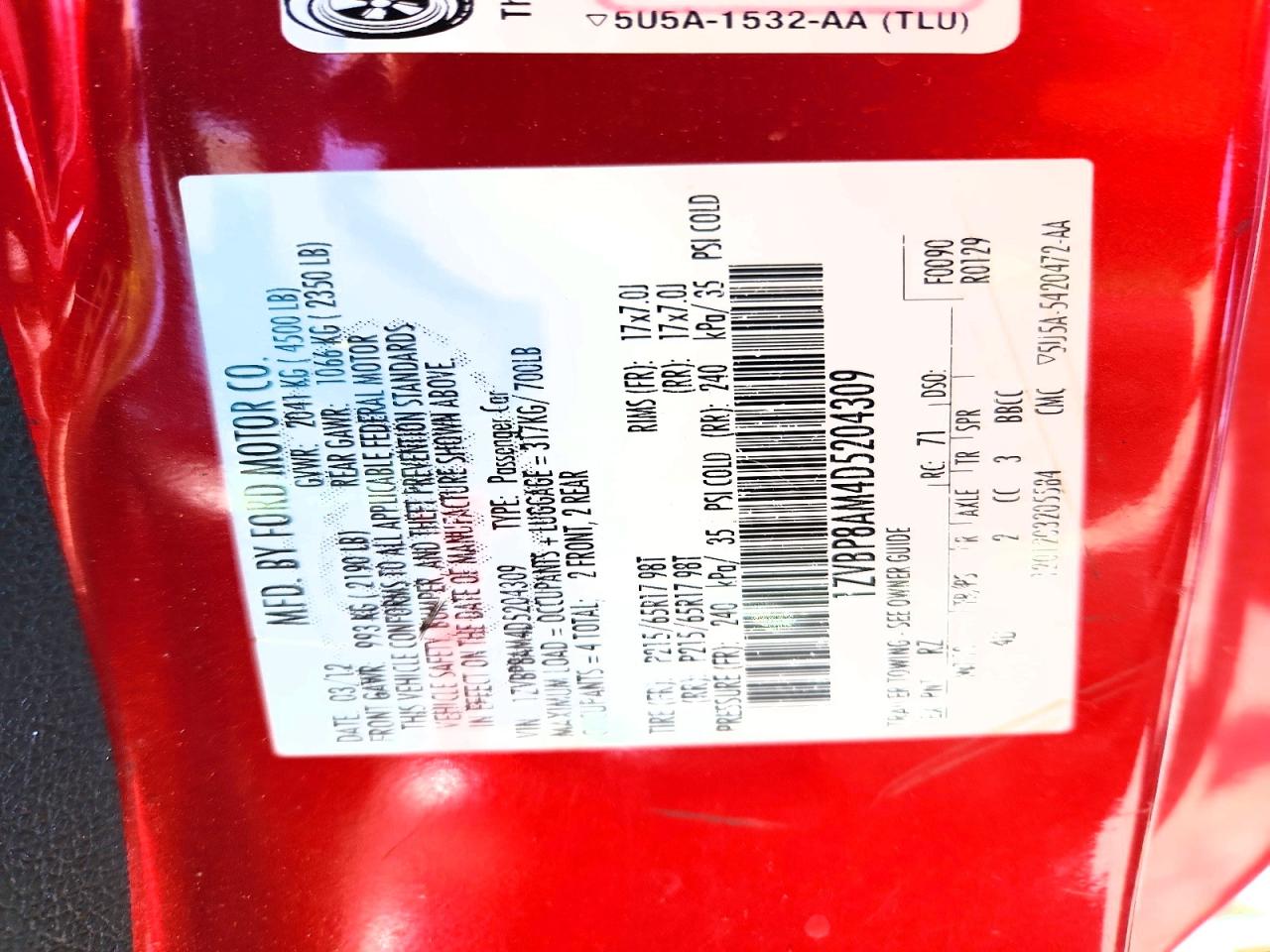 2013 Ford Mustang Red vin: 1ZVBP8AM4D5204309