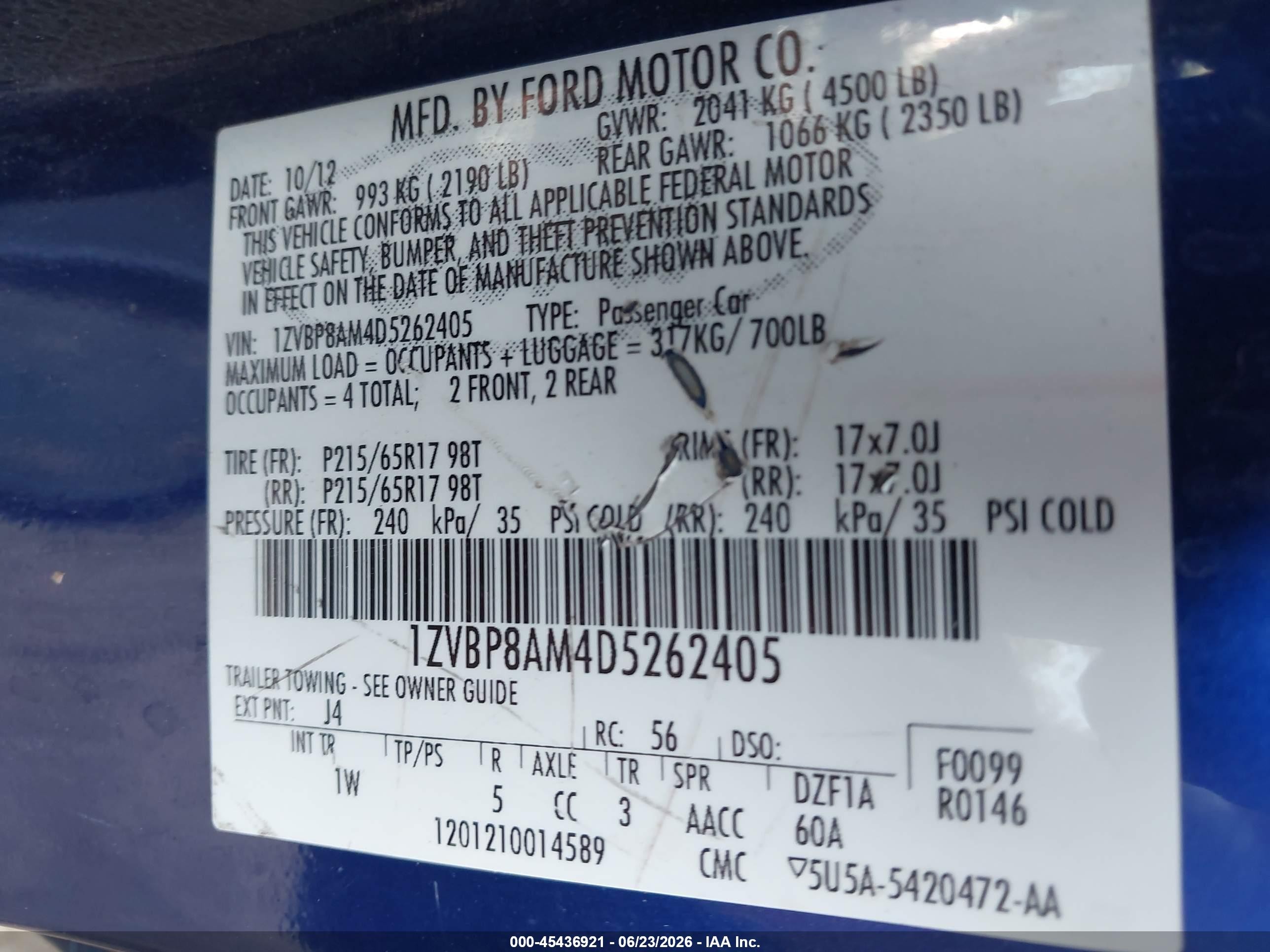 2013 Ford Mustang V6 Blue vin: 1ZVBP8AM4D5262405