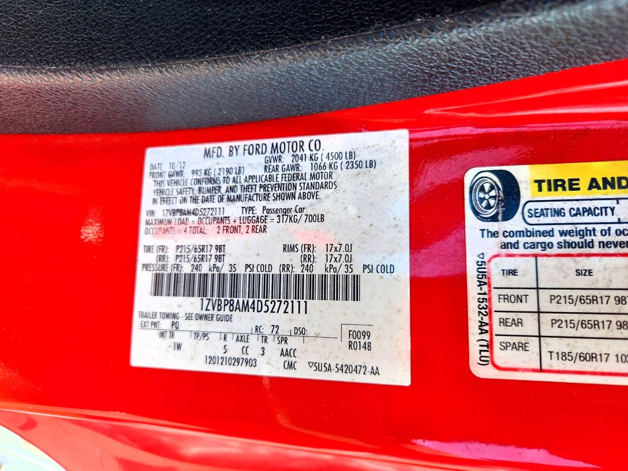 2013 Ford Mustang Red vin: 1ZVBP8AM4D5272111