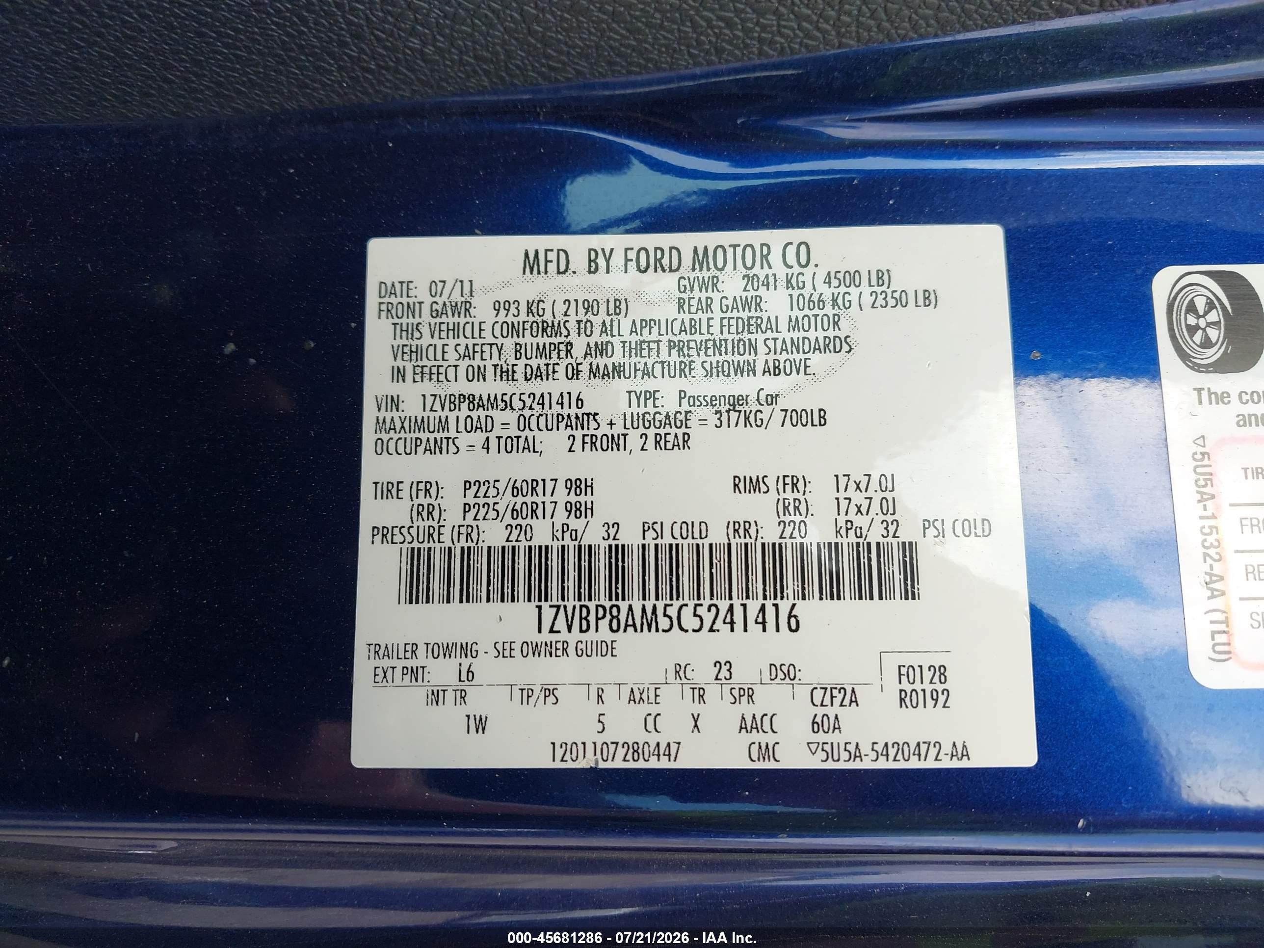 2012 Ford Mustang V6 Blue vin: 1ZVBP8AM5C5241416