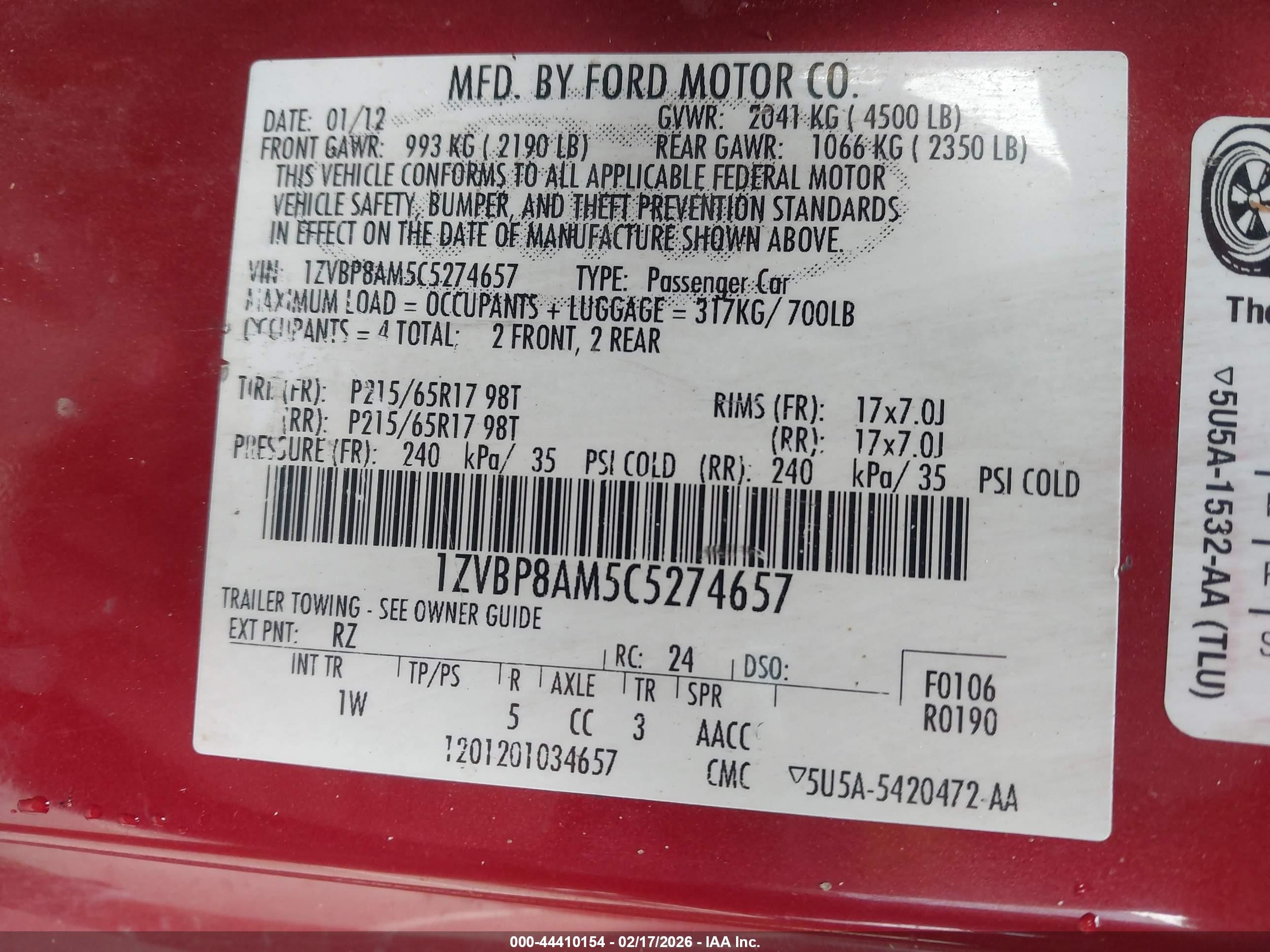 2012 Ford Mustang V6 Red vin: 1ZVBP8AM5C5274657