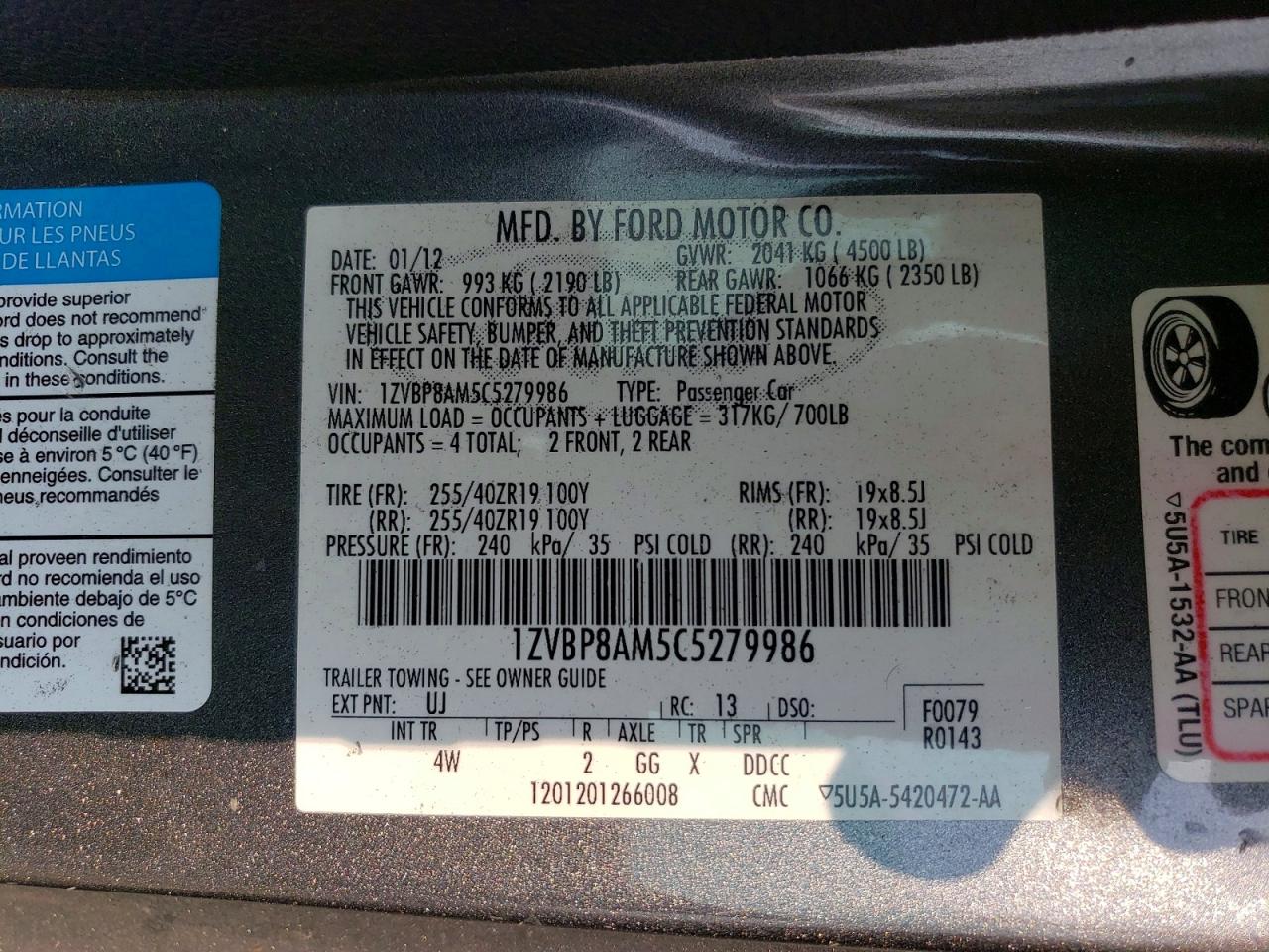 2012 Ford Mustang Gray vin: 1ZVBP8AM5C5279986