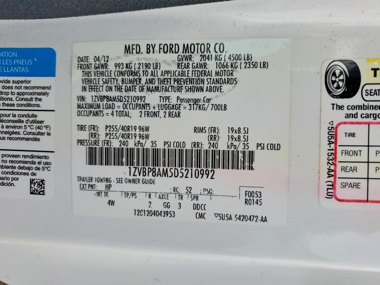 2013 Ford Mustang White vin: 1ZVBP8AM5D5210992