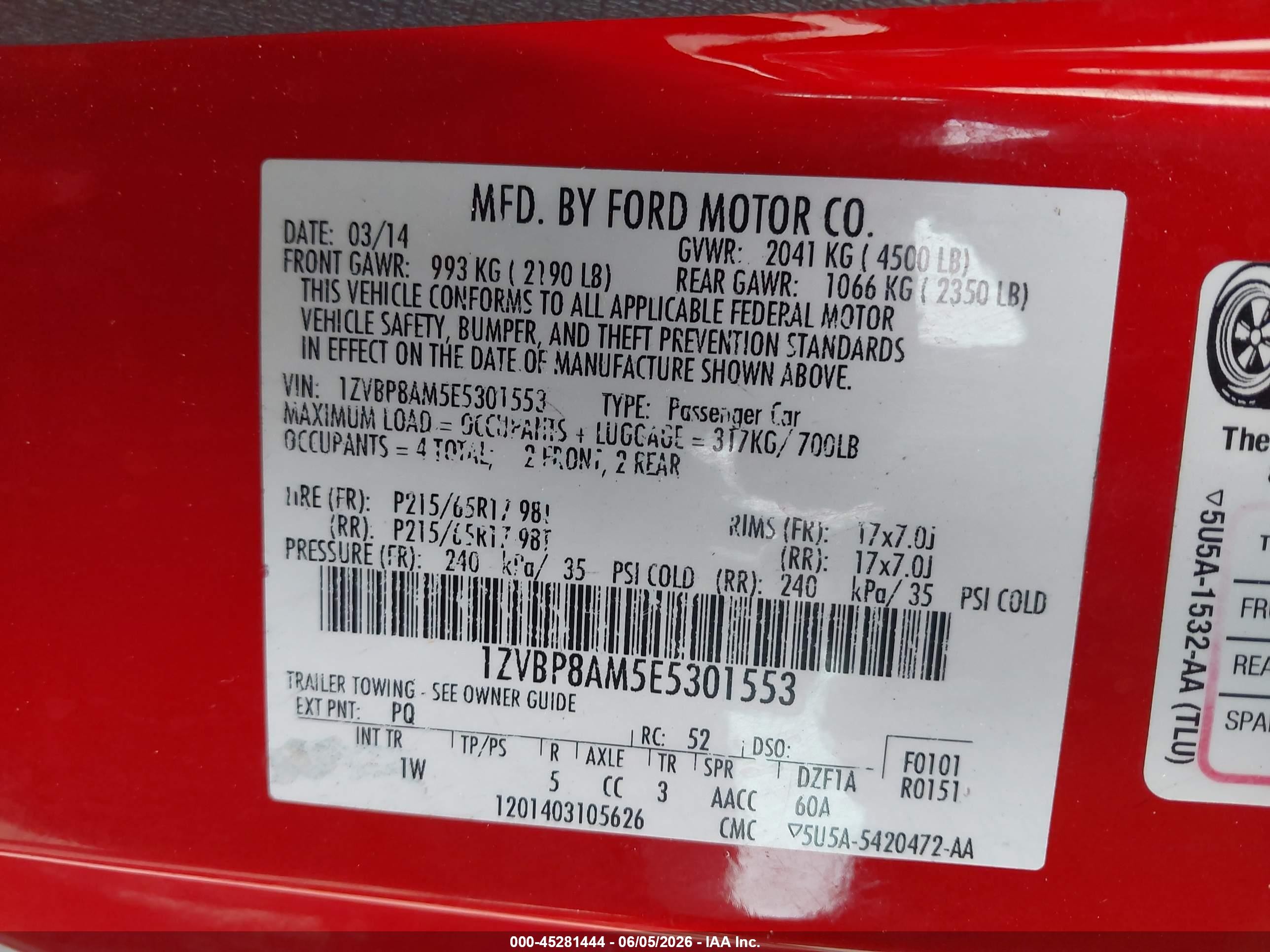 2014 Ford Mustang V6 Красный vin: 1ZVBP8AM5E5301553