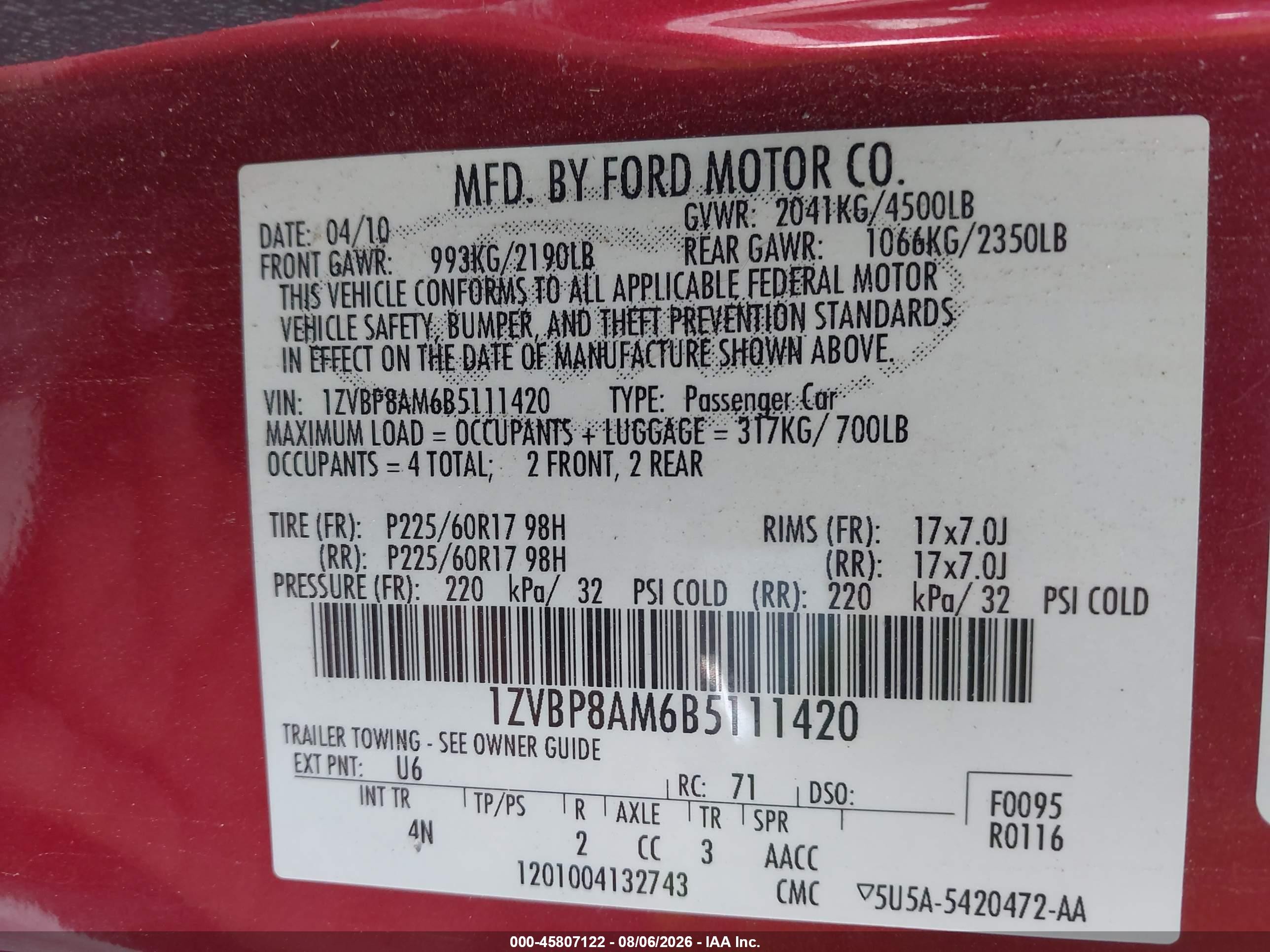 2011 Ford Mustang V6 Premium Red vin: 1ZVBP8AM6B5111420