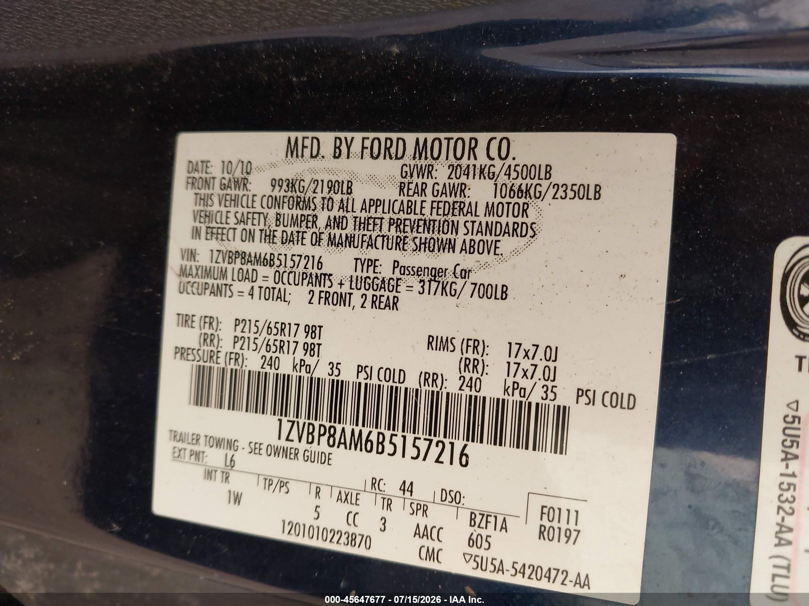 2011 Ford Mustang V6 Blue vin: 1ZVBP8AM6B5157216