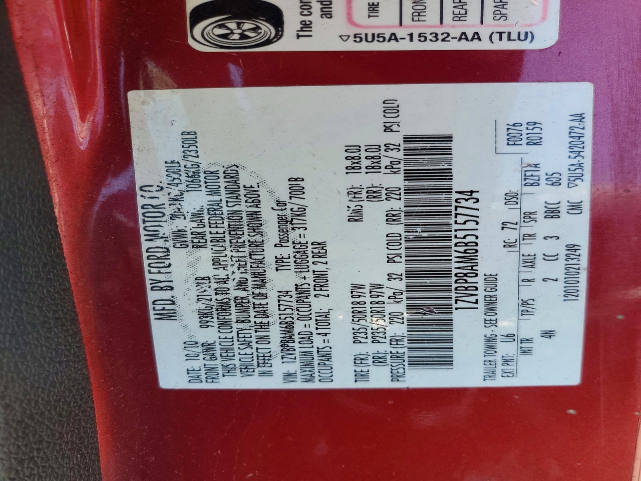 2011 Ford Mustang Red vin: 1ZVBP8AM6B5157734