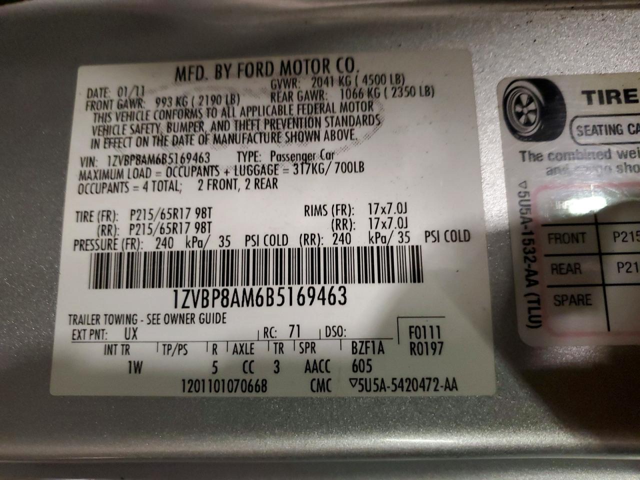 2011 Ford Mustang Silver vin: 1ZVBP8AM6B5169463