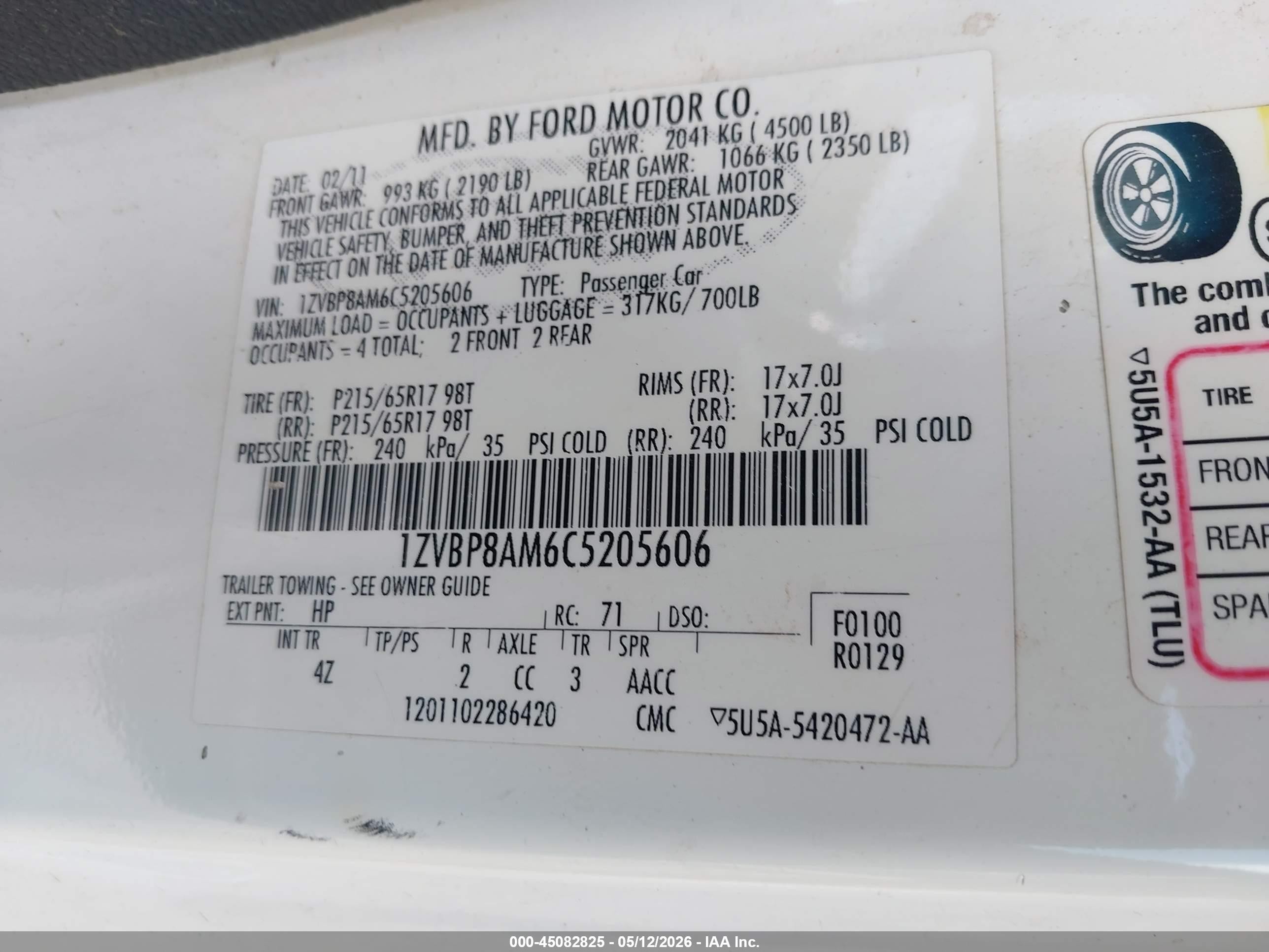 2012 Ford Mustang V6 Premium White vin: 1ZVBP8AM6C5205606