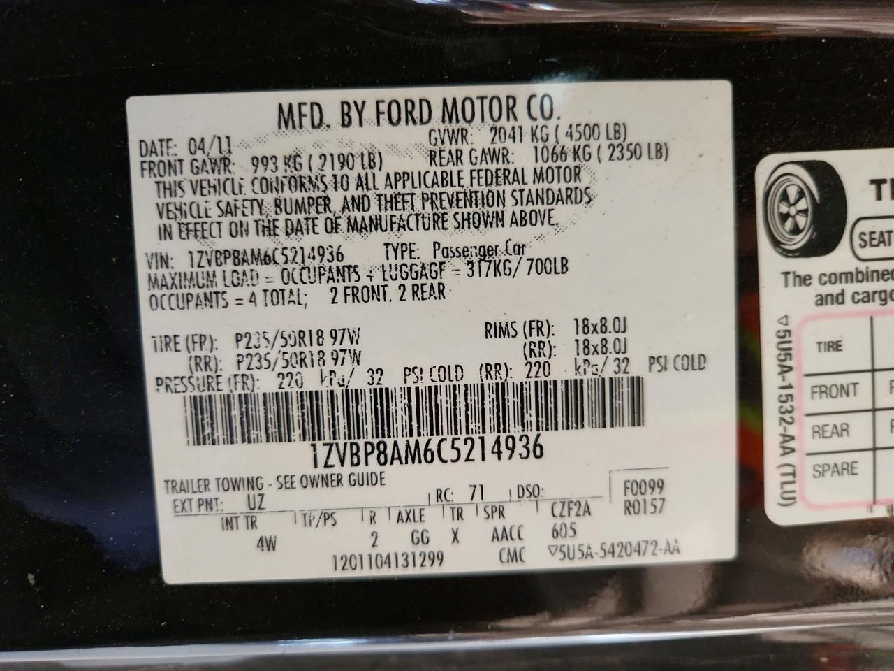 2012 Ford Mustang Black vin: 1ZVBP8AM6C5214936