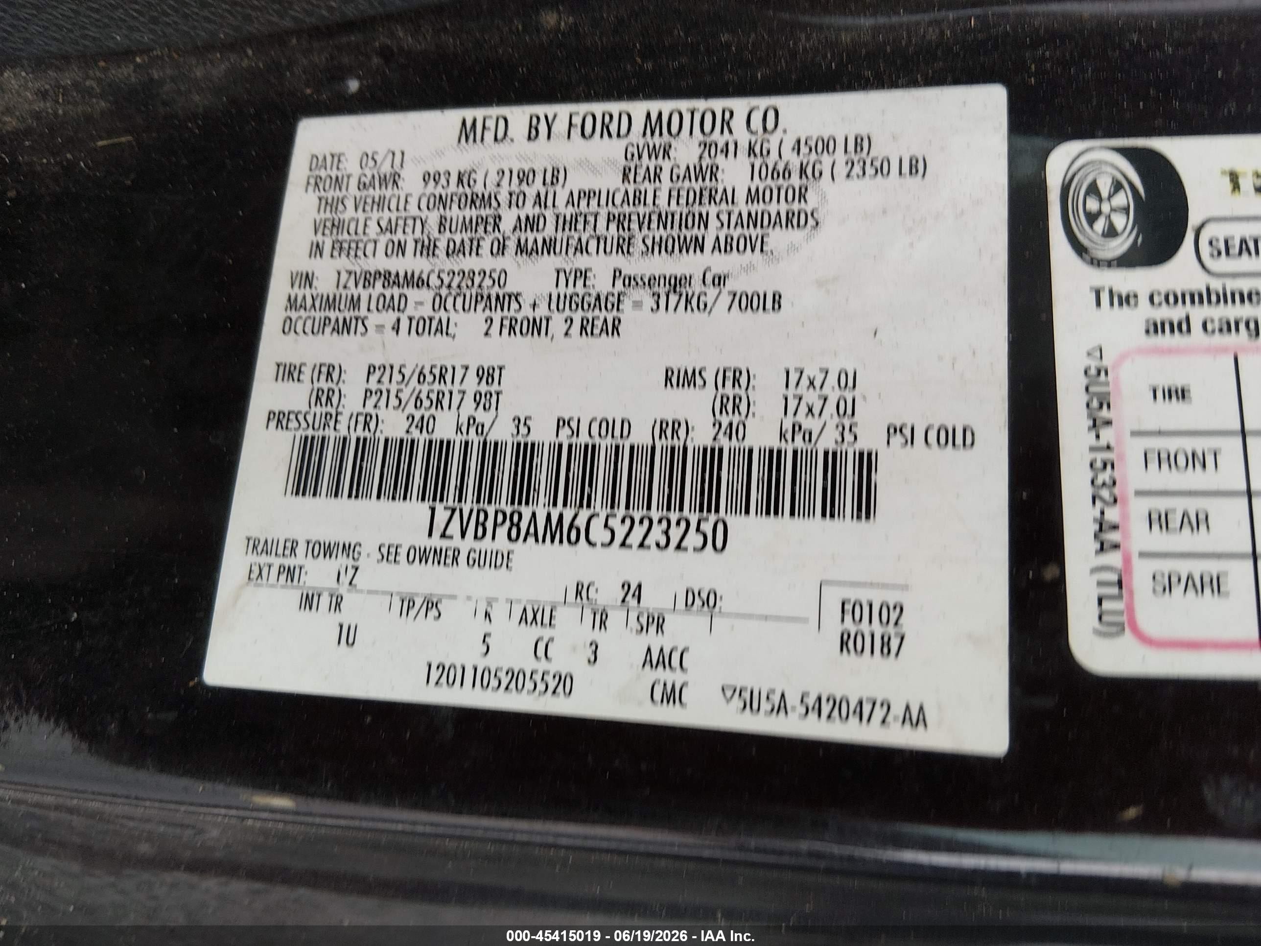 2012 Ford Mustang V6/v6 Premium Black vin: 1ZVBP8AM6C5223250