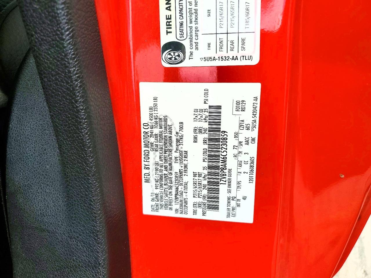 2012 Ford Mustang Red vin: 1ZVBP8AM6C5230859