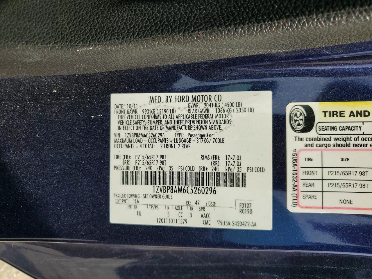2012 Ford Mustang Blue vin: 1ZVBP8AM6C5260296