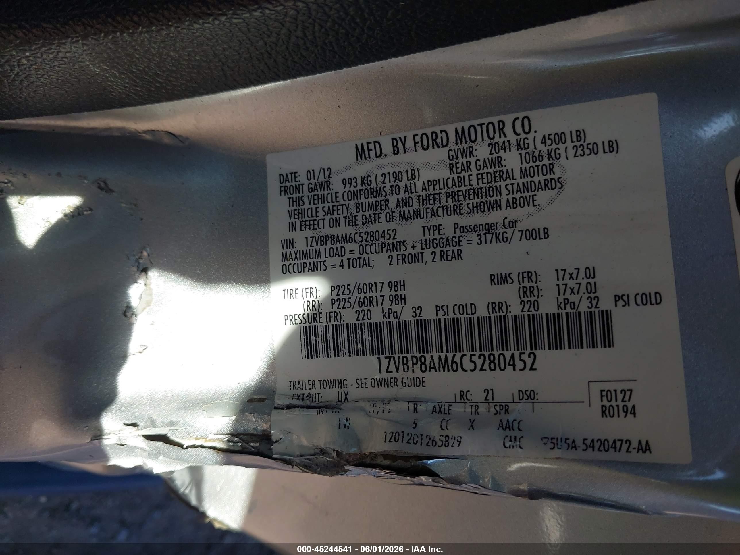 2012 Ford Mustang V6 Silver vin: 1ZVBP8AM6C5280452