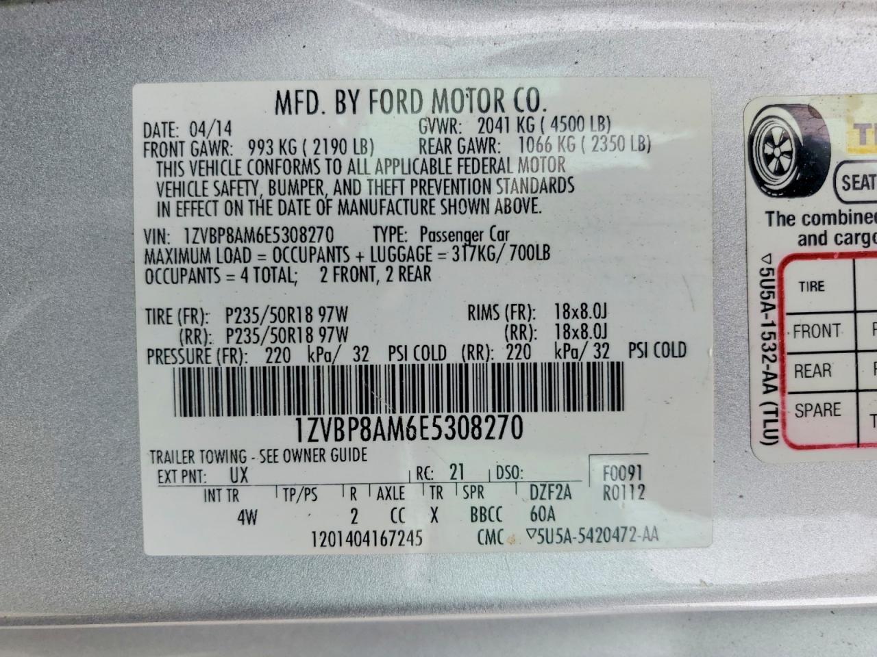 2014 Ford Mustang Silver vin: 1ZVBP8AM6E5308270