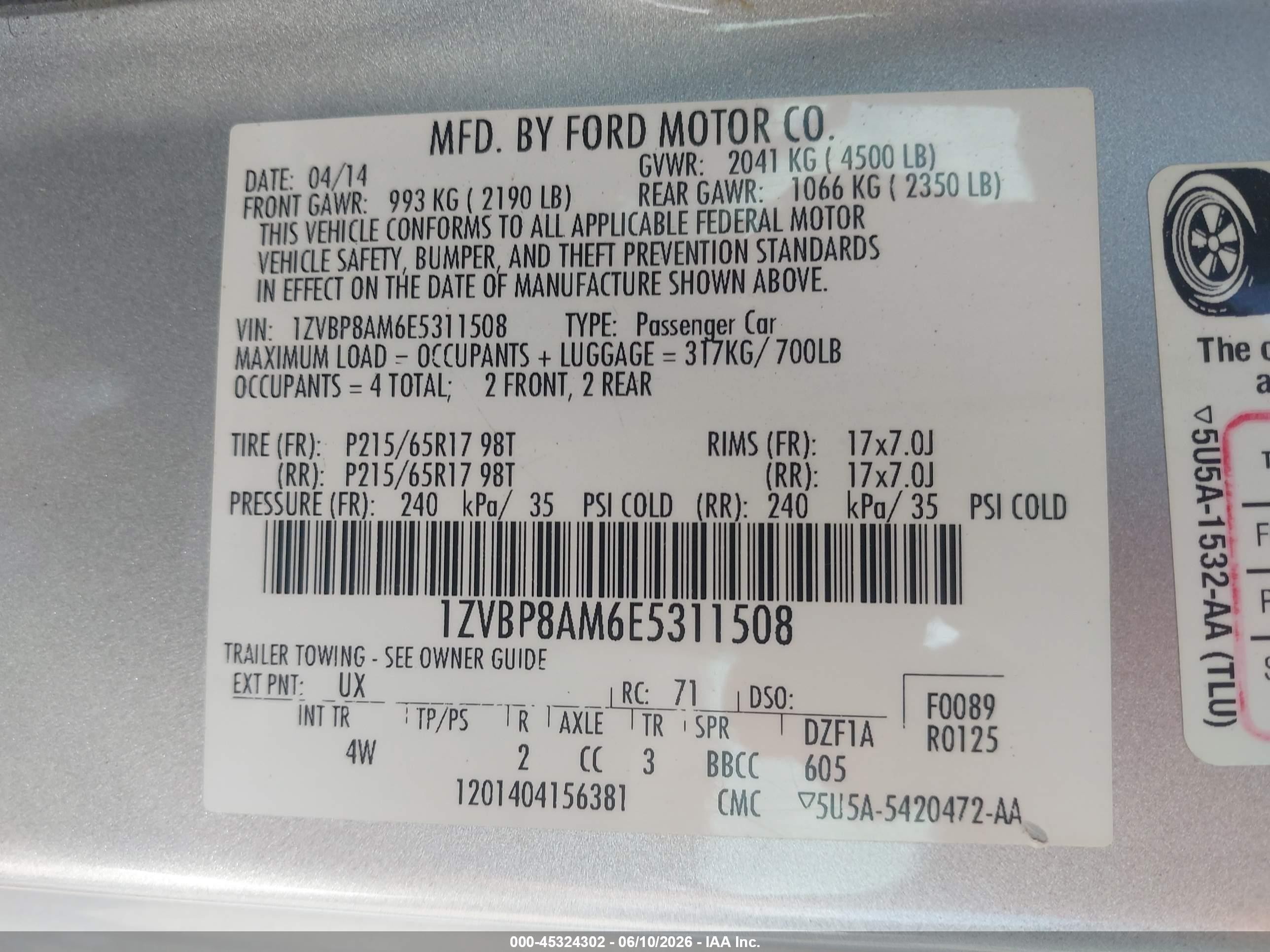 2014 Ford Mustang V6 Premium Silver vin: 1ZVBP8AM6E5311508