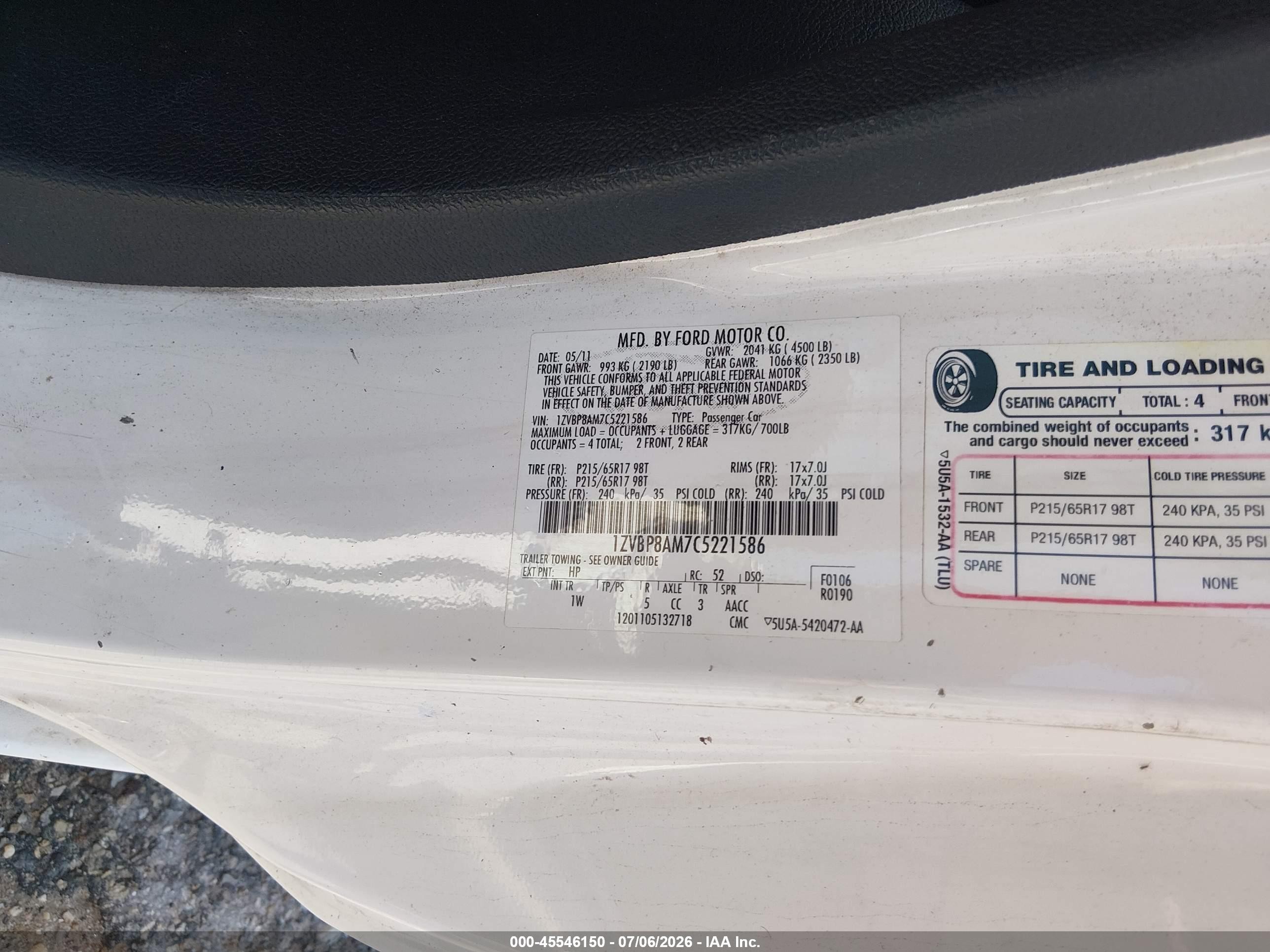 2012 Ford Mustang V6/v6 Premium White vin: 1ZVBP8AM7C5221586