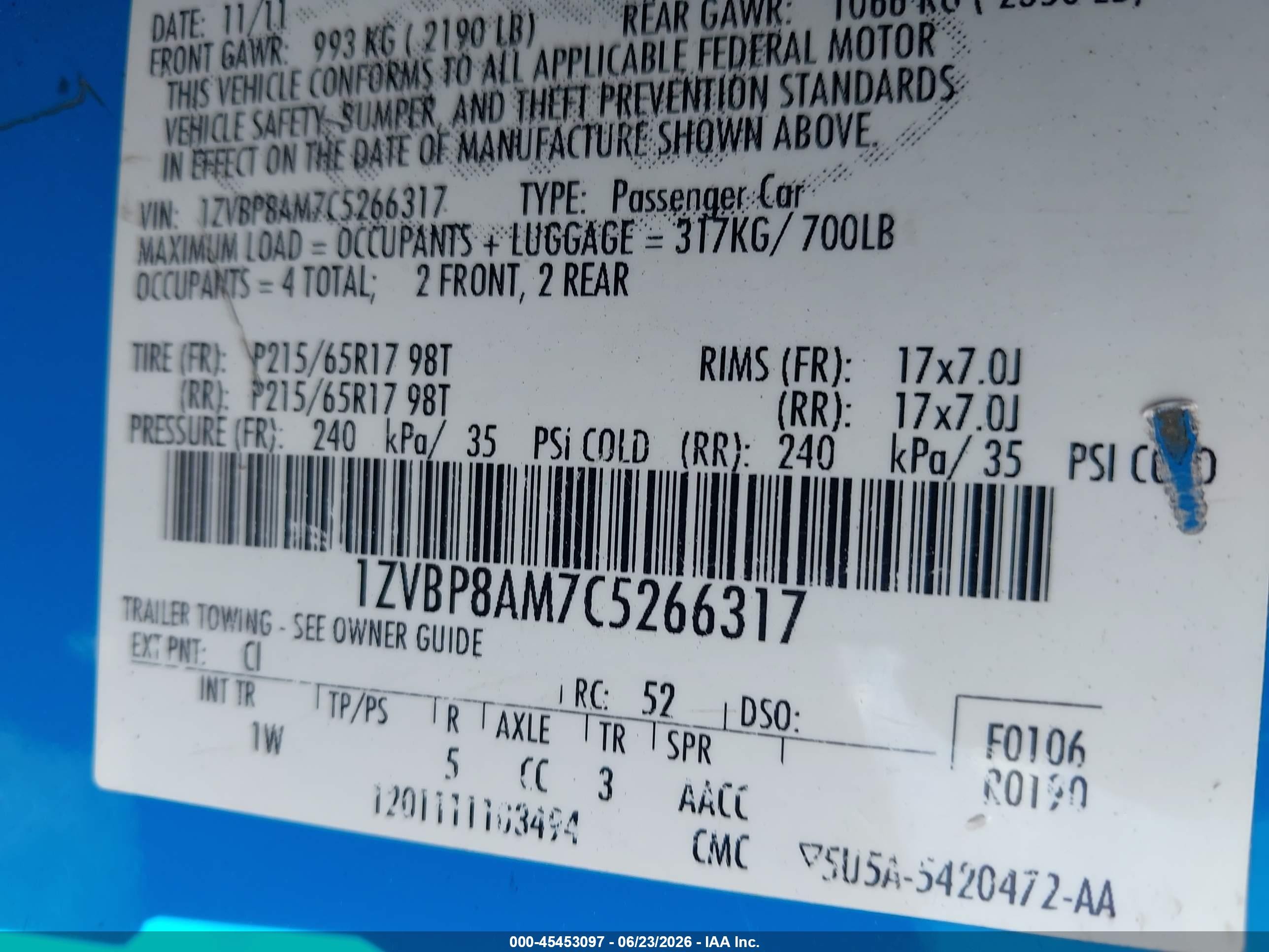2012 Ford Mustang V6/v6 Premium Blue vin: 1ZVBP8AM7C5266317