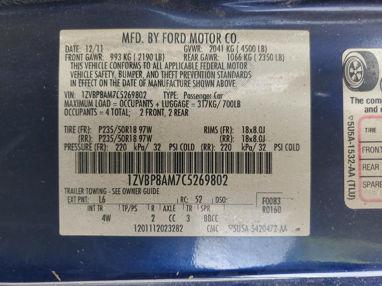 2012 Ford Mustang Blue vin: 1ZVBP8AM7C5269802