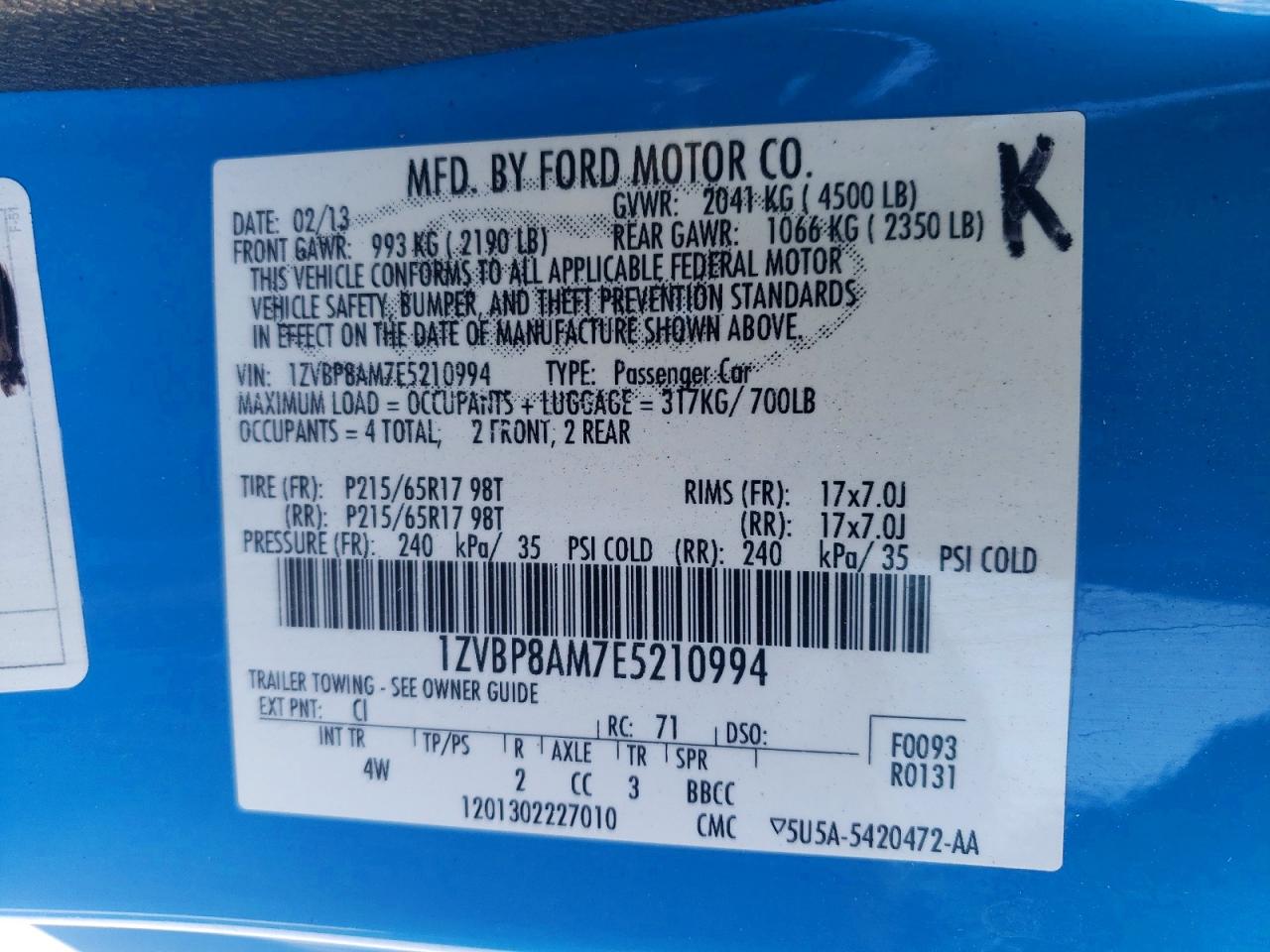 2014 Ford Mustang 2d Blue vin: 1ZVBP8AM7E5210994