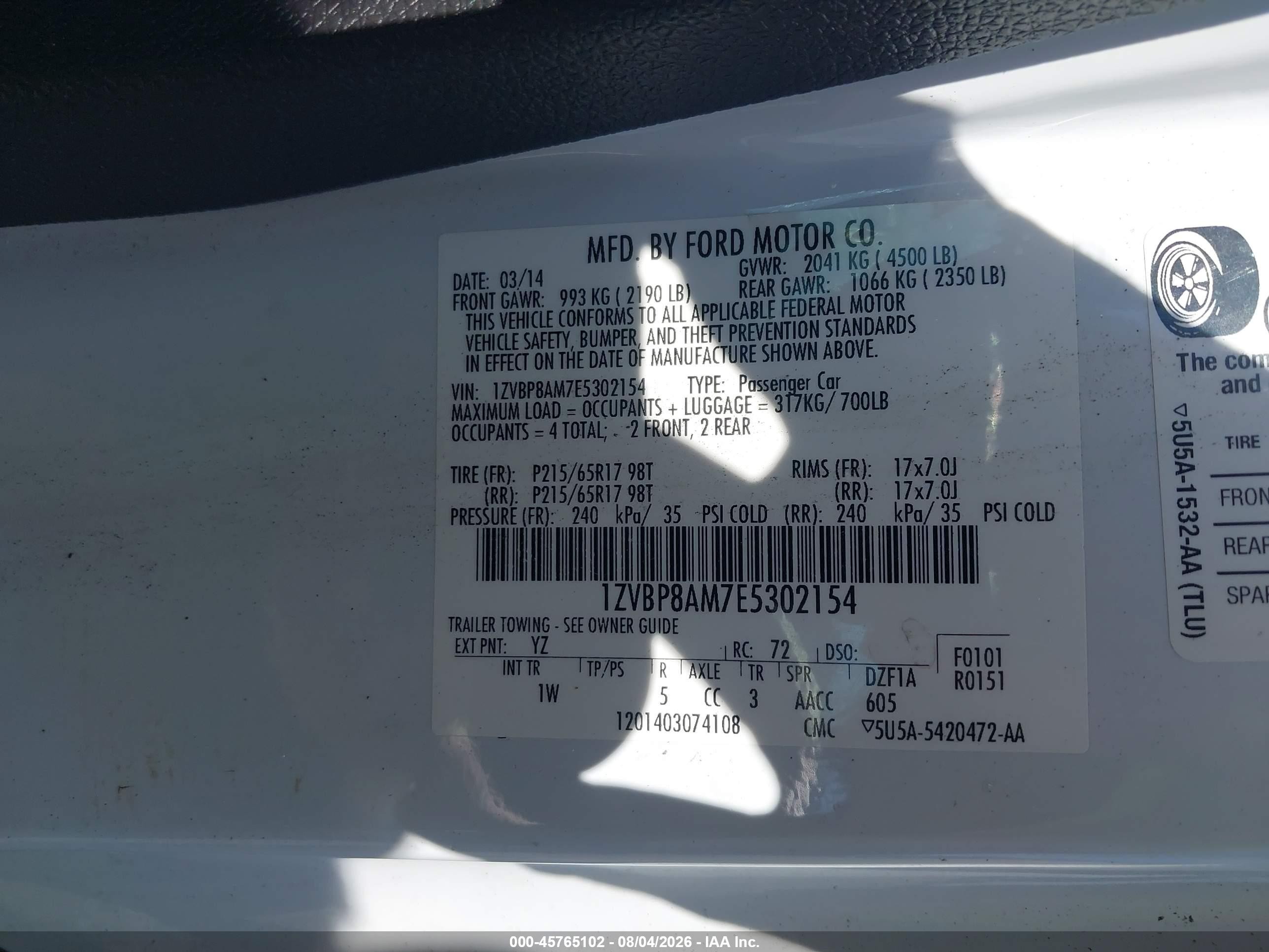 2014 Ford Mustang V6 Белый vin: 1ZVBP8AM7E5302154