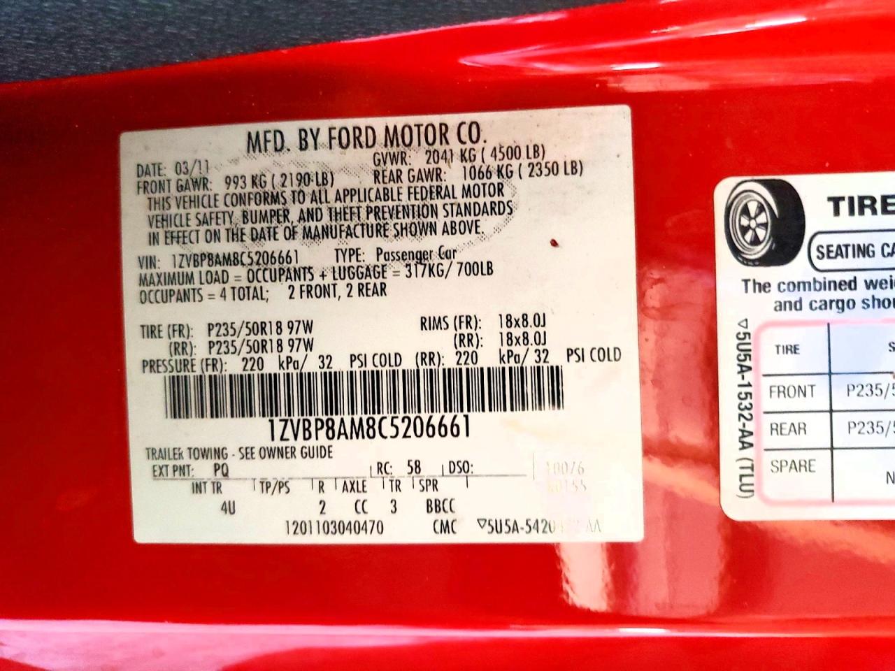 2012 Ford Mustang Red vin: 1ZVBP8AM8C5206661