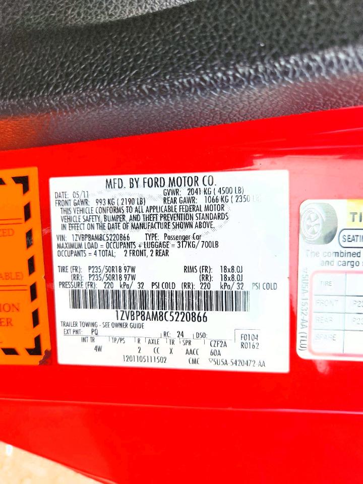 2012 Ford Mustang Red vin: 1ZVBP8AM8C5220866