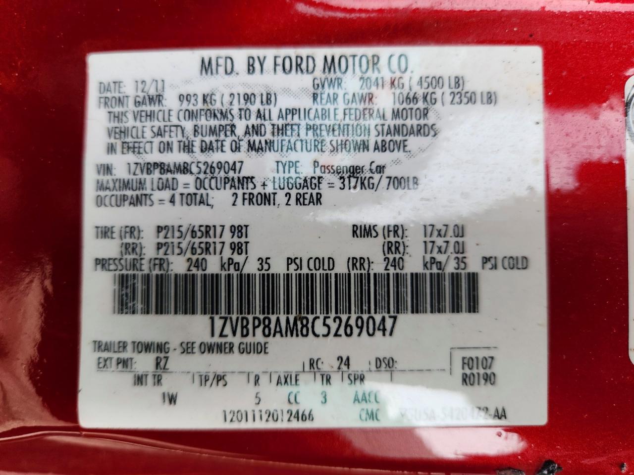 2012 Ford Mustang Красный vin: 1ZVBP8AM8C5269047