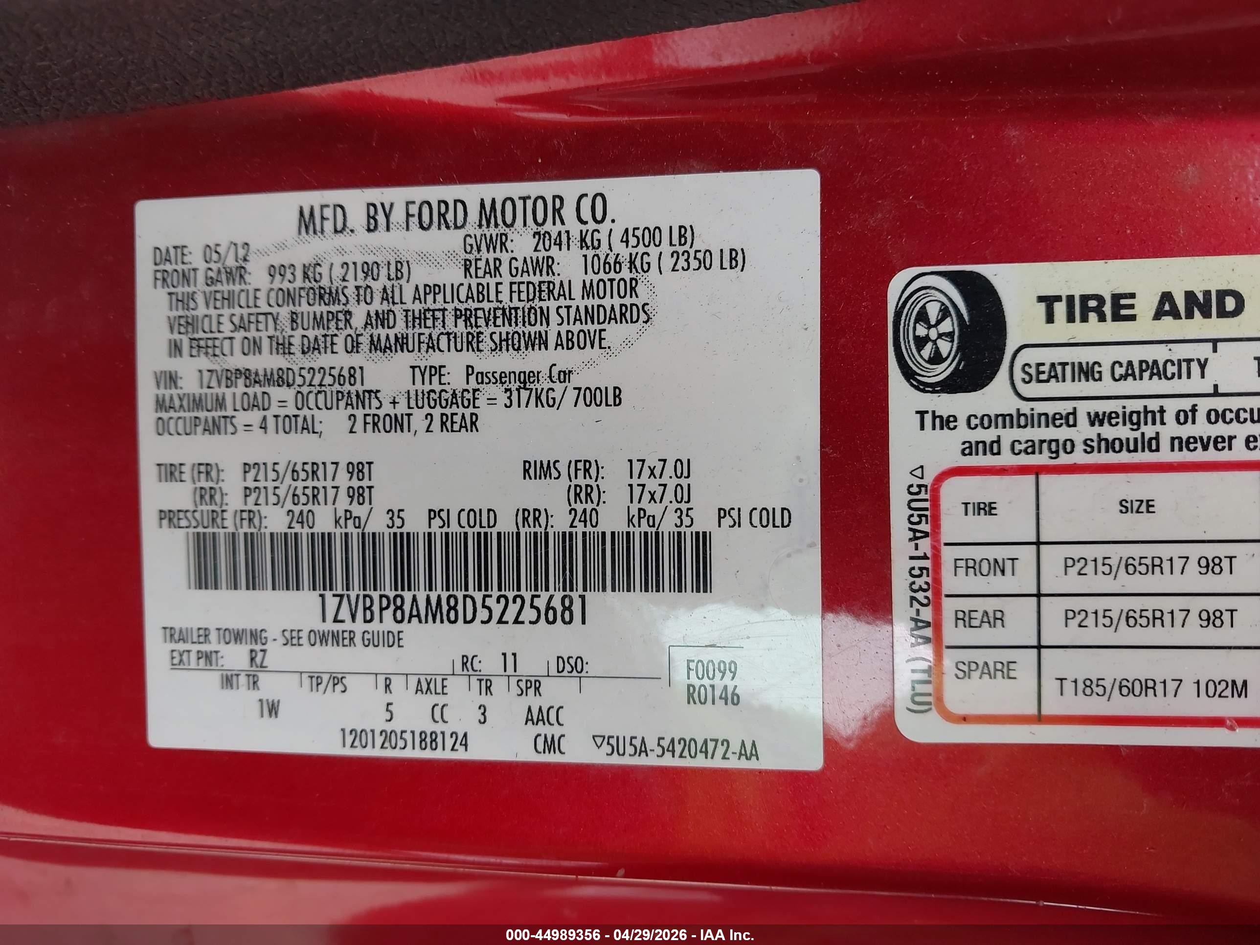 2013 Ford Mustang V6 Red vin: 1ZVBP8AM8D5225681