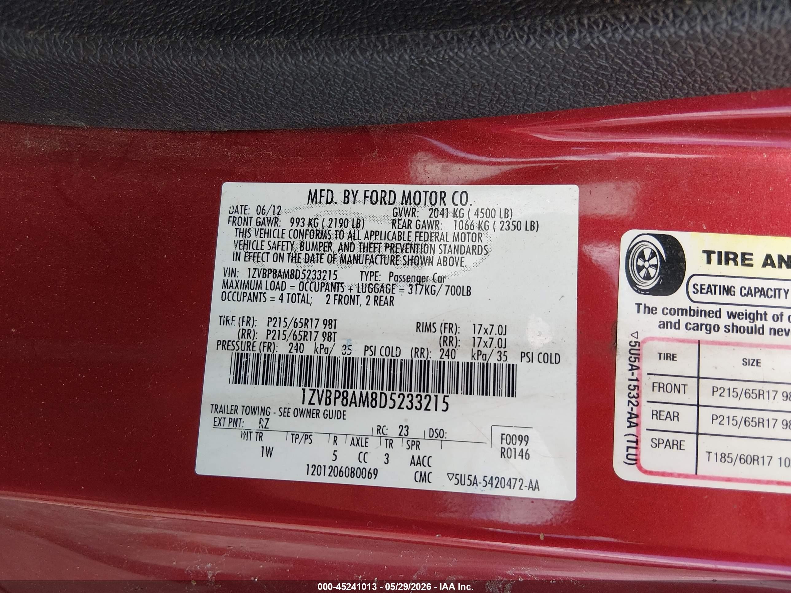 2013 Ford Mustang V6 Красный vin: 1ZVBP8AM8D5233215