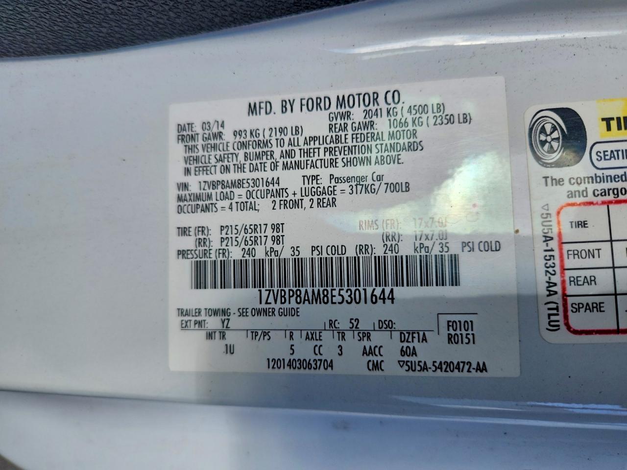2014 Ford Mustang Белый vin: 1ZVBP8AM8E5301644