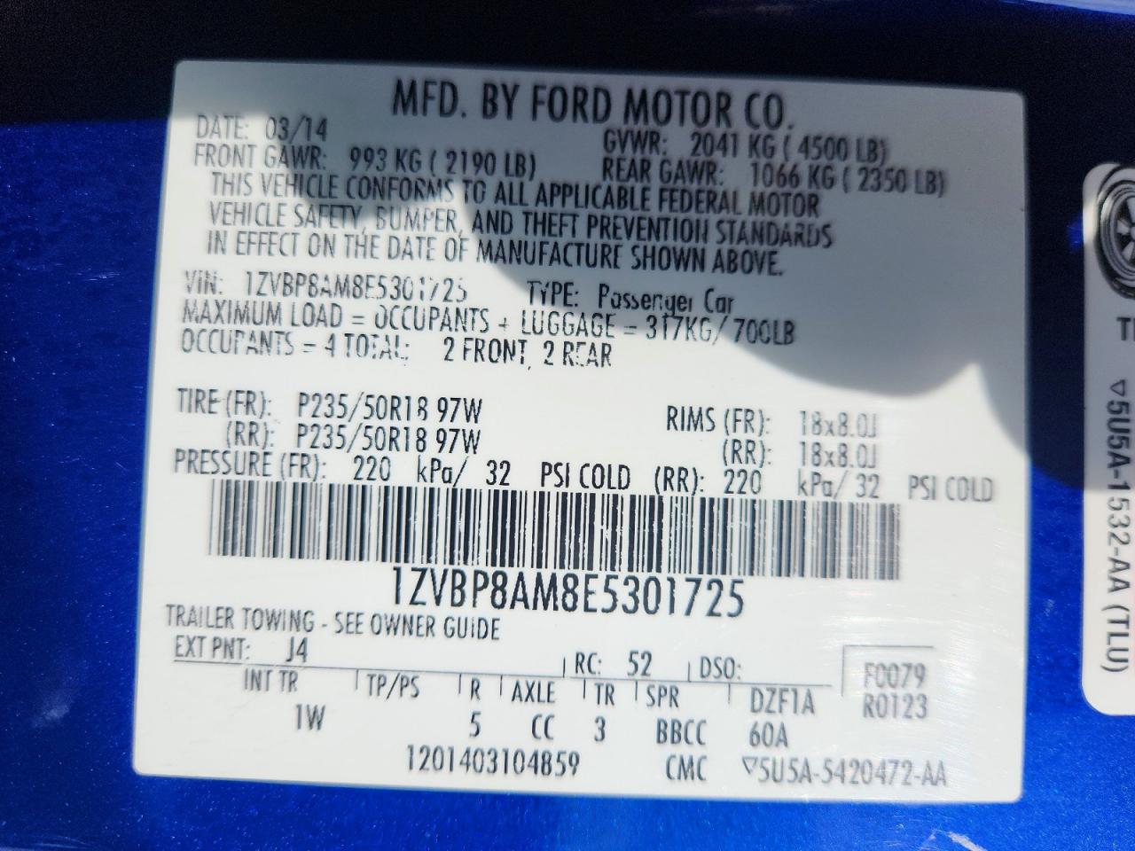 2014 Ford Mustang Blue vin: 1ZVBP8AM8E5301725