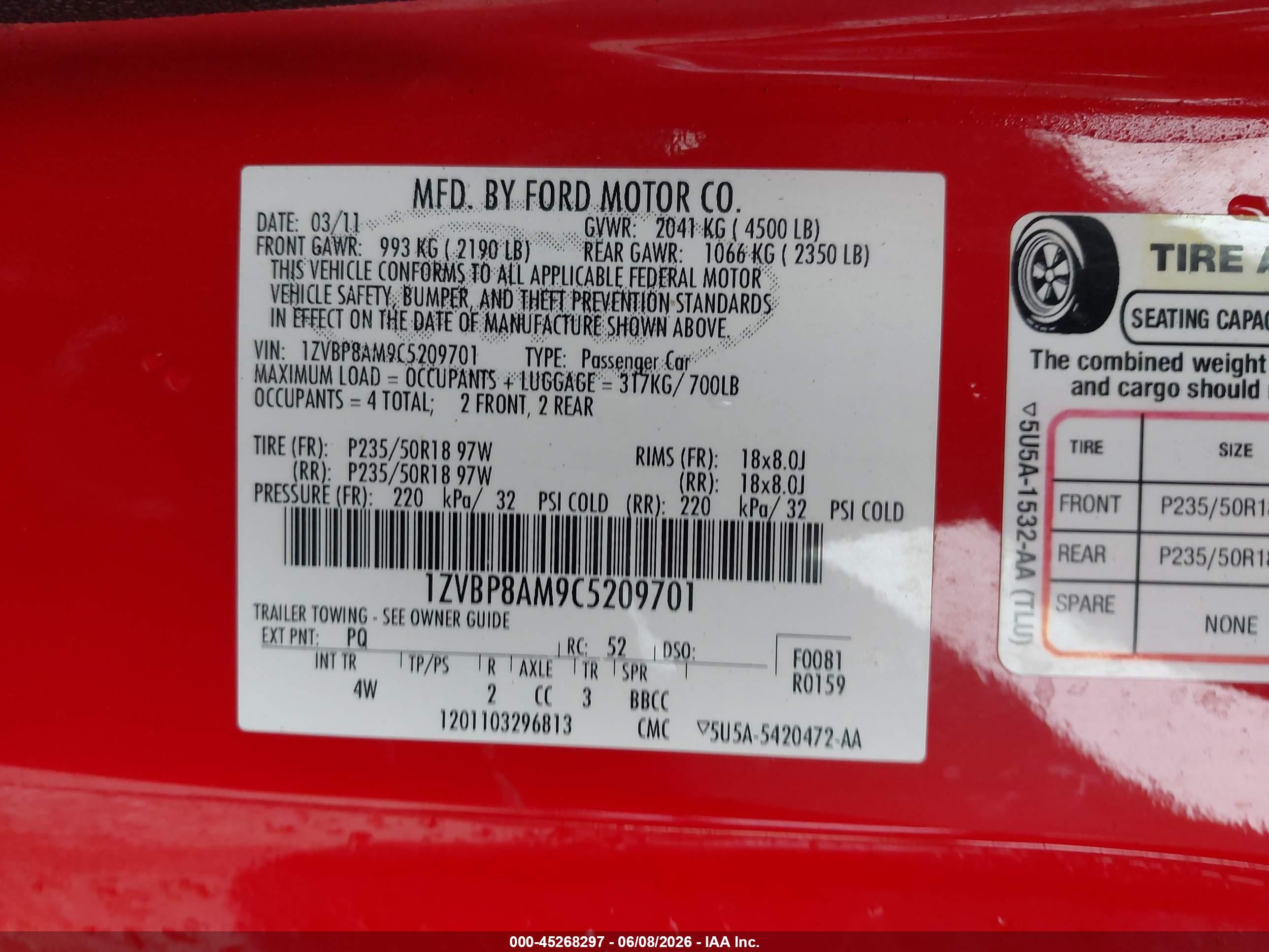 2012 Ford Mustang V6 Premium Красный vin: 1ZVBP8AM9C5209701