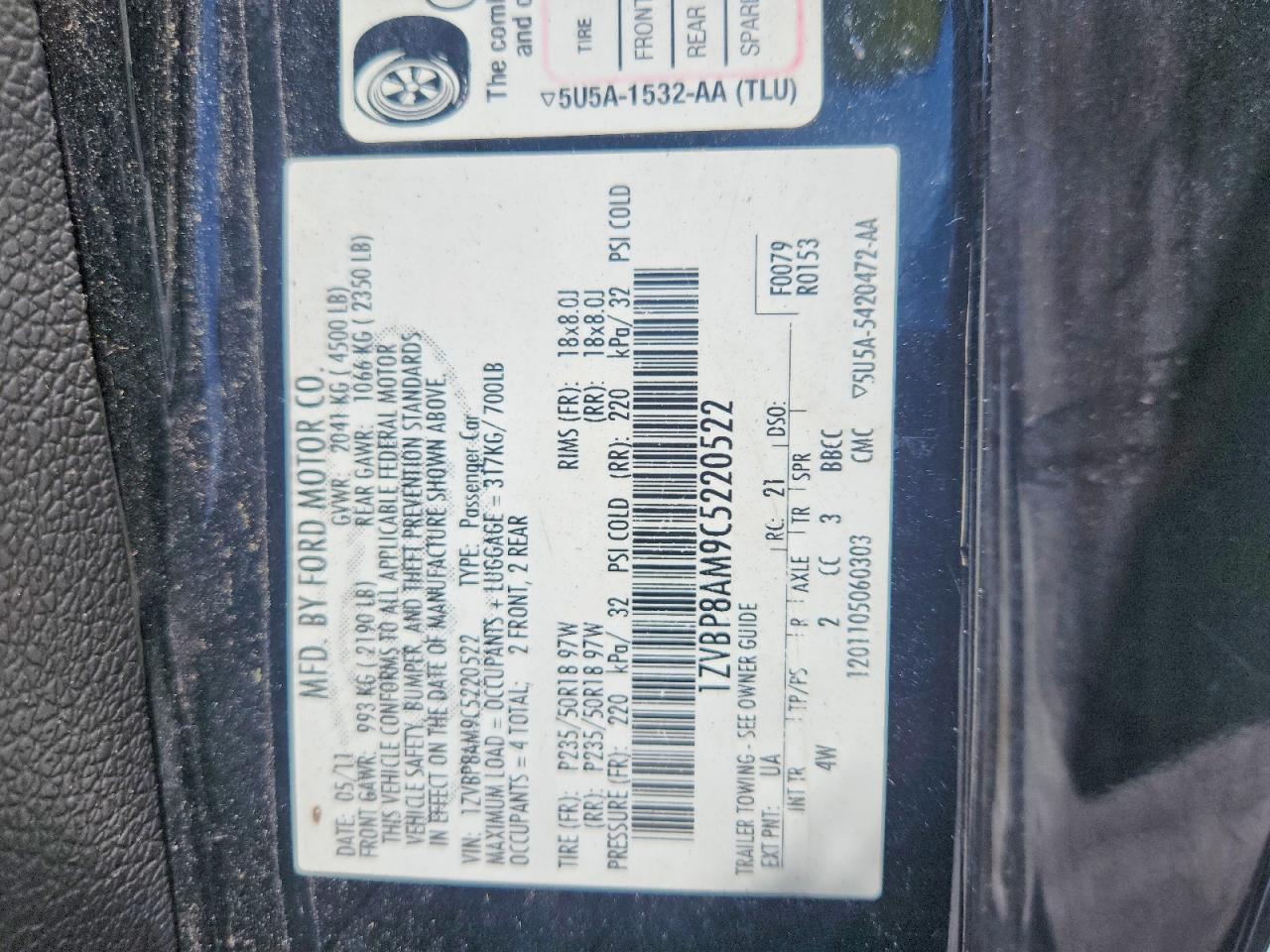 2012 Ford Mustang Black vin: 1ZVBP8AM9C5220522