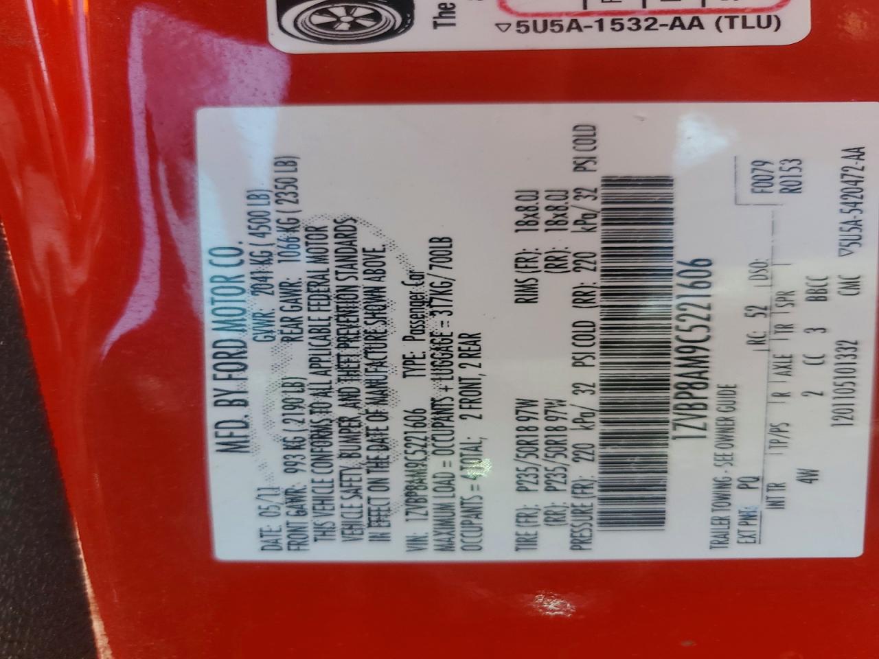 2012 Ford Mustang Red vin: 1ZVBP8AM9C5221606
