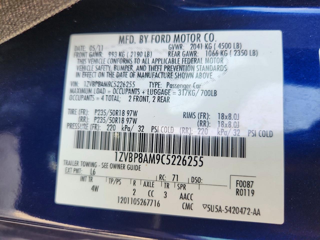 2012 Ford Mustang Blue vin: 1ZVBP8AM9C5226255