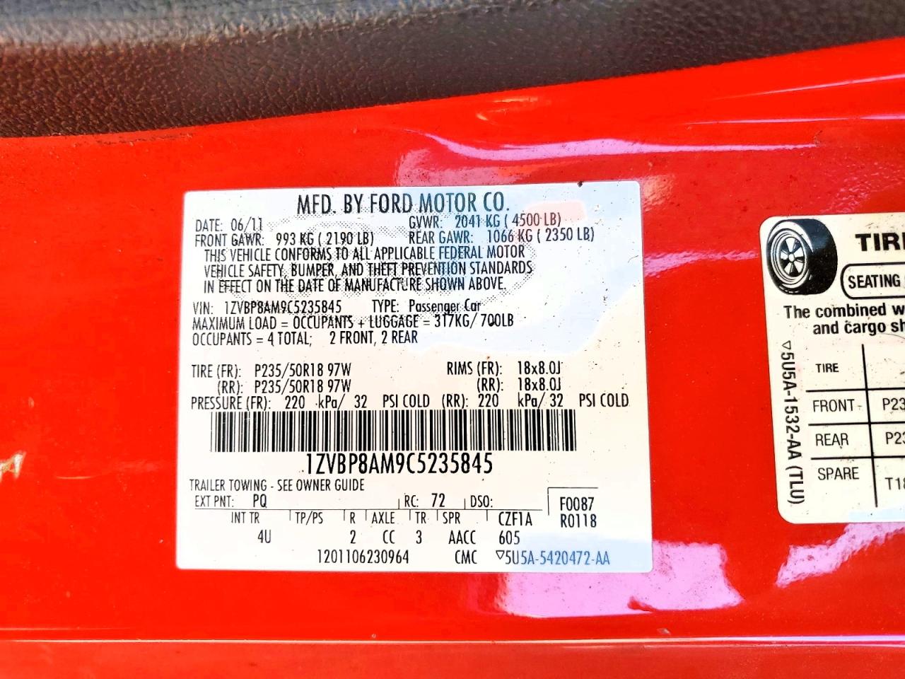 2012 Ford Mustang Red vin: 1ZVBP8AM9C5235845