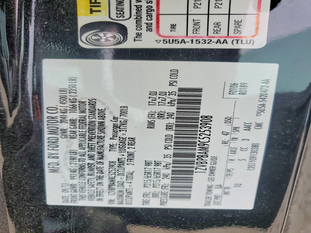 2012 Ford Mustang Black vin: 1ZVBP8AM9C5253908