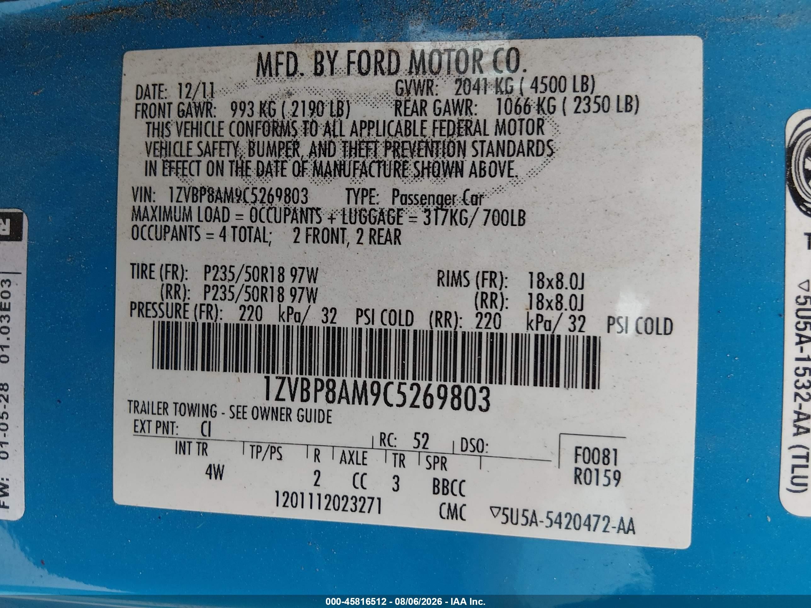 2012 Ford Mustang V6 Premium Blue vin: 1ZVBP8AM9C5269803