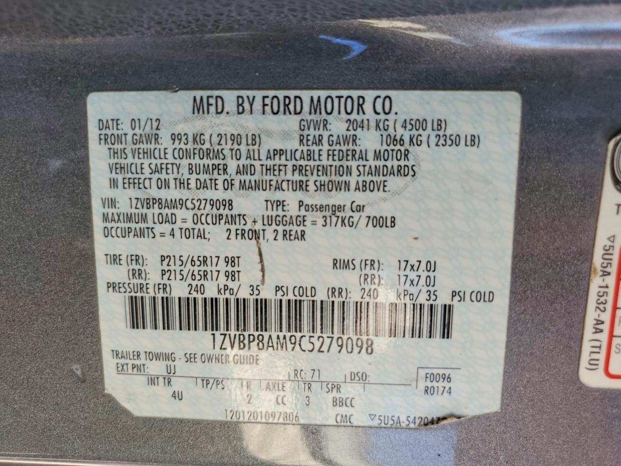 2012 Ford Mustang Gray vin: 1ZVBP8AM9C5279098
