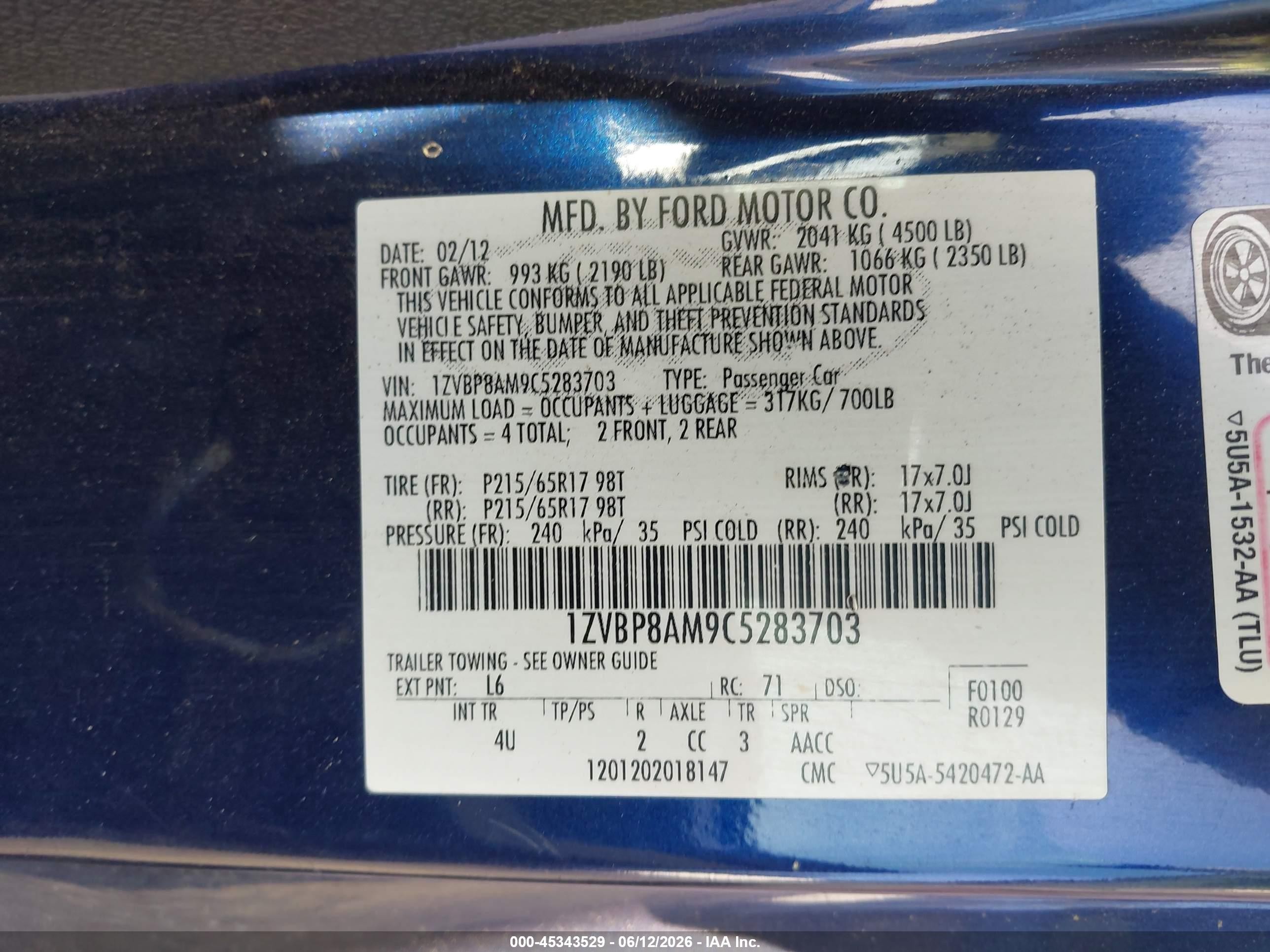 2012 Ford Mustang V6 Premium Blue vin: 1ZVBP8AM9C5283703